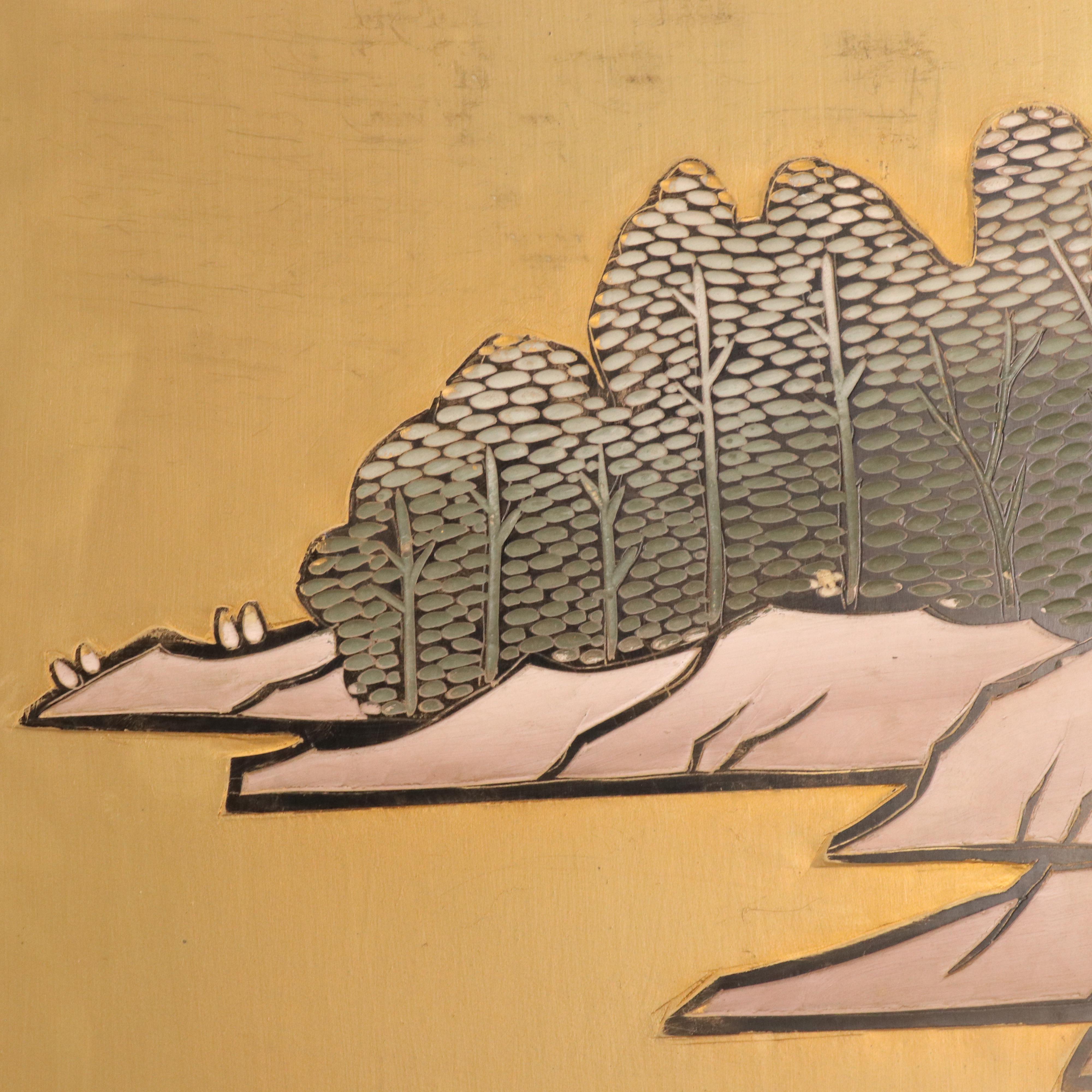 Japanese Hand-Painted Folding Screen of Figures on Horseback in Landscape