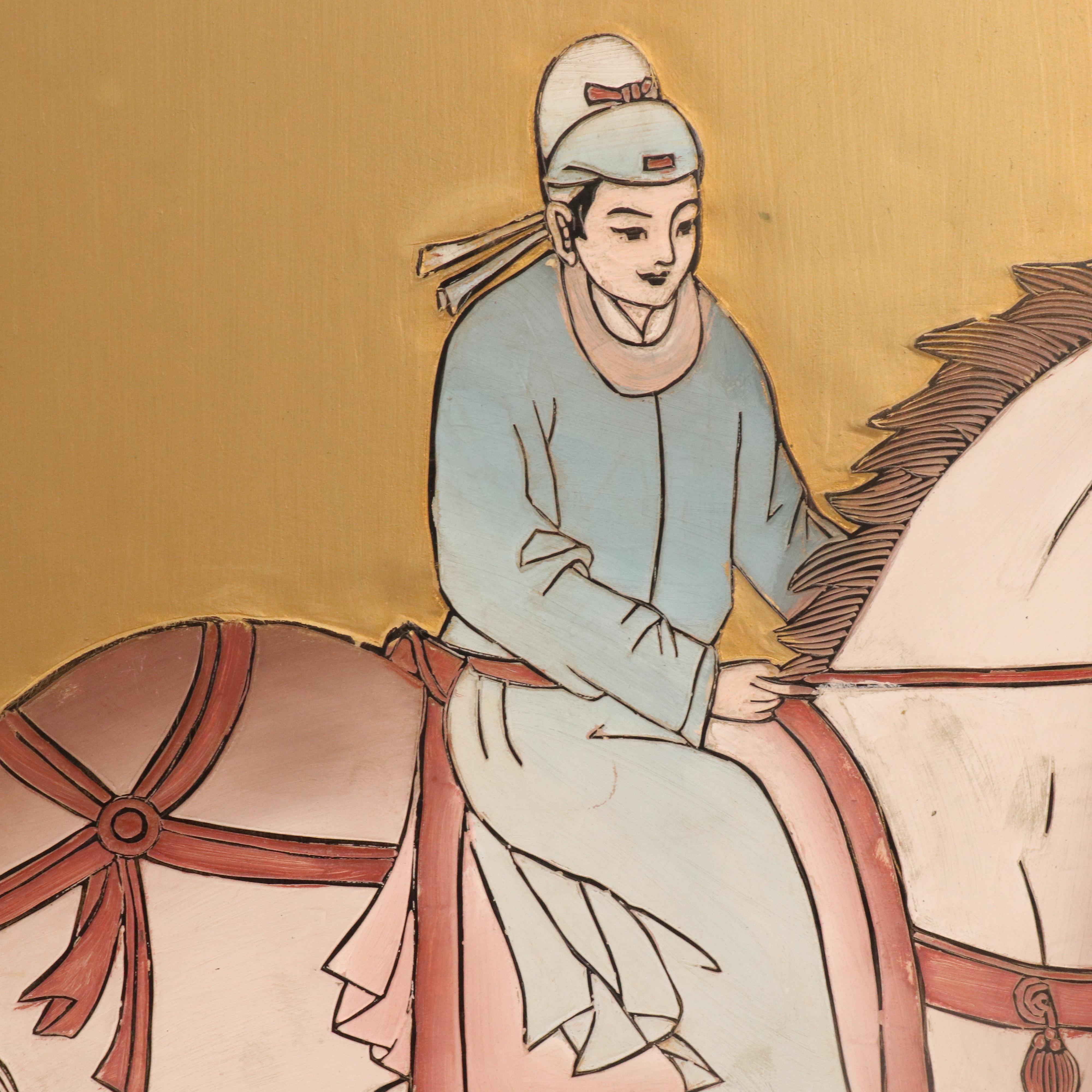 Japanese Hand-Painted Folding Screen of Figures on Horseback in Landscape