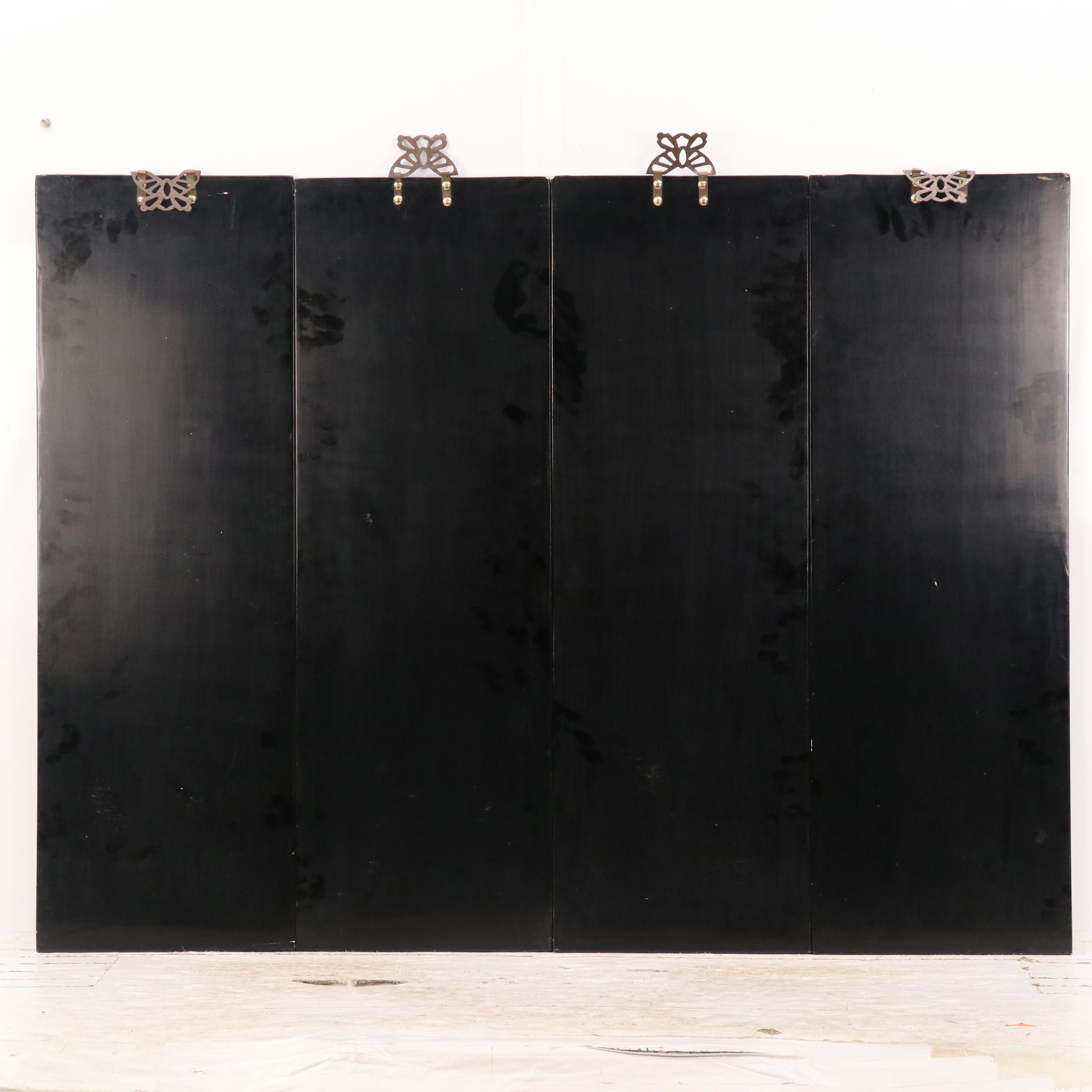 Japanese Hand-Painted Folding Screen of Figures on Horseback in Landscape