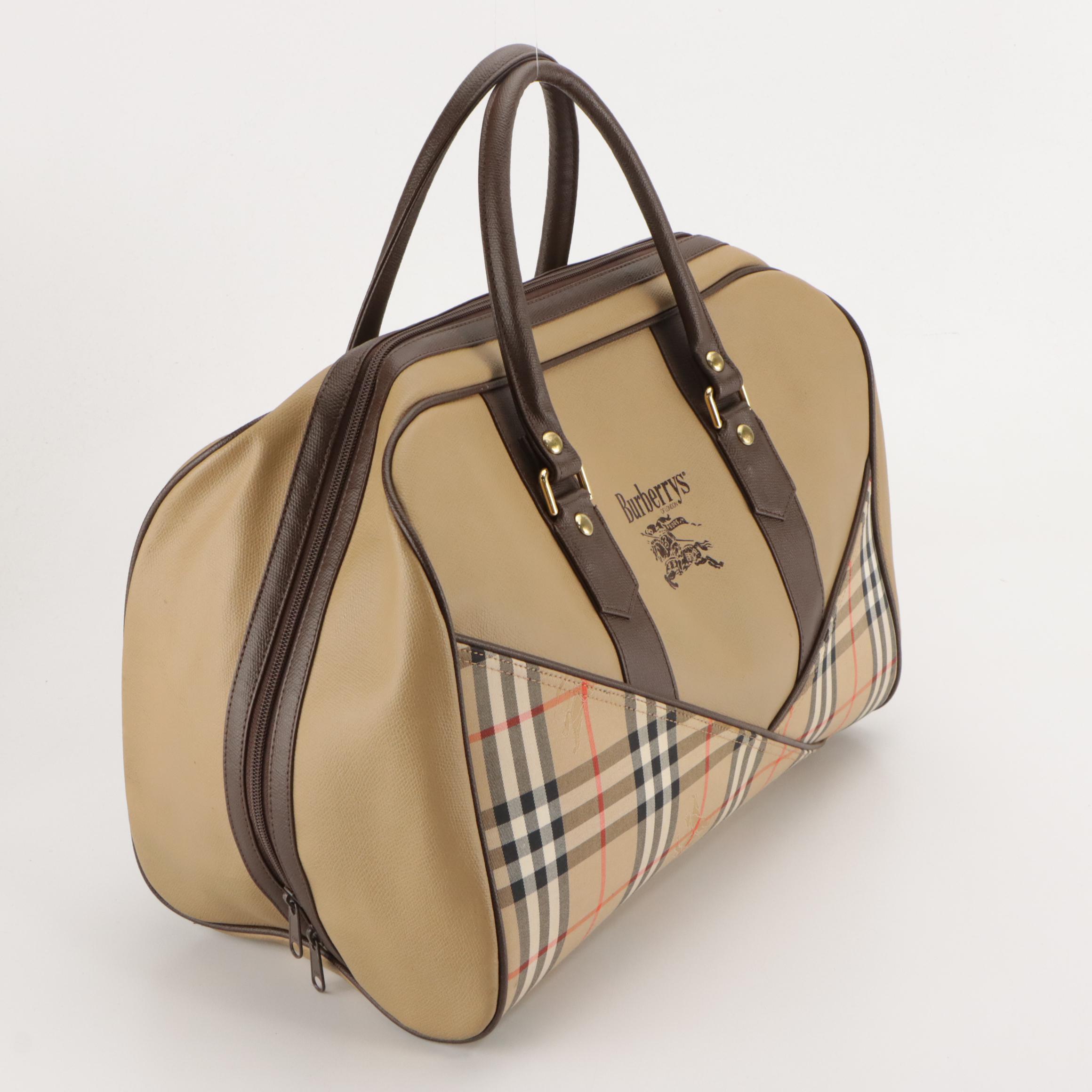 Burberrys Travel Duffle Bag in Haymarket Check Canvas and Brown Leather