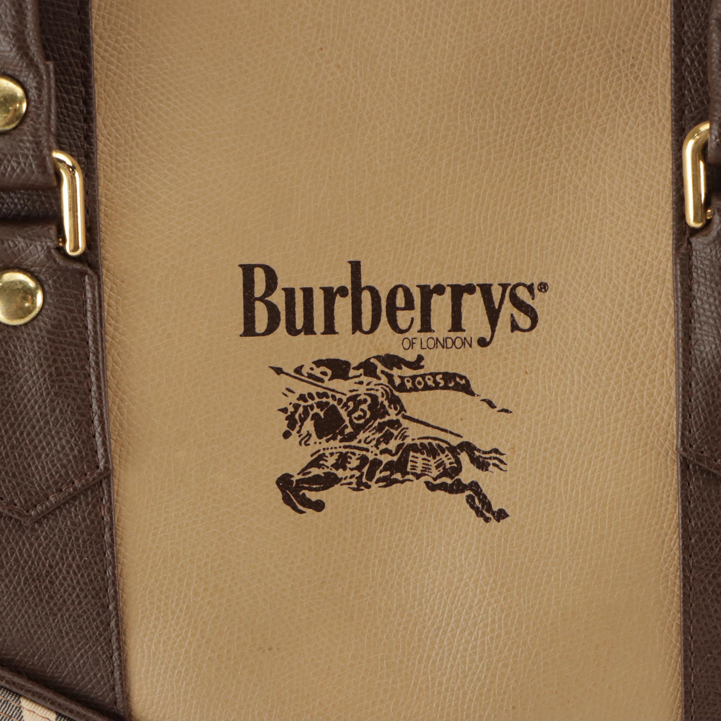 Burberrys Travel Duffle Bag in Haymarket Check Canvas and Brown Leather