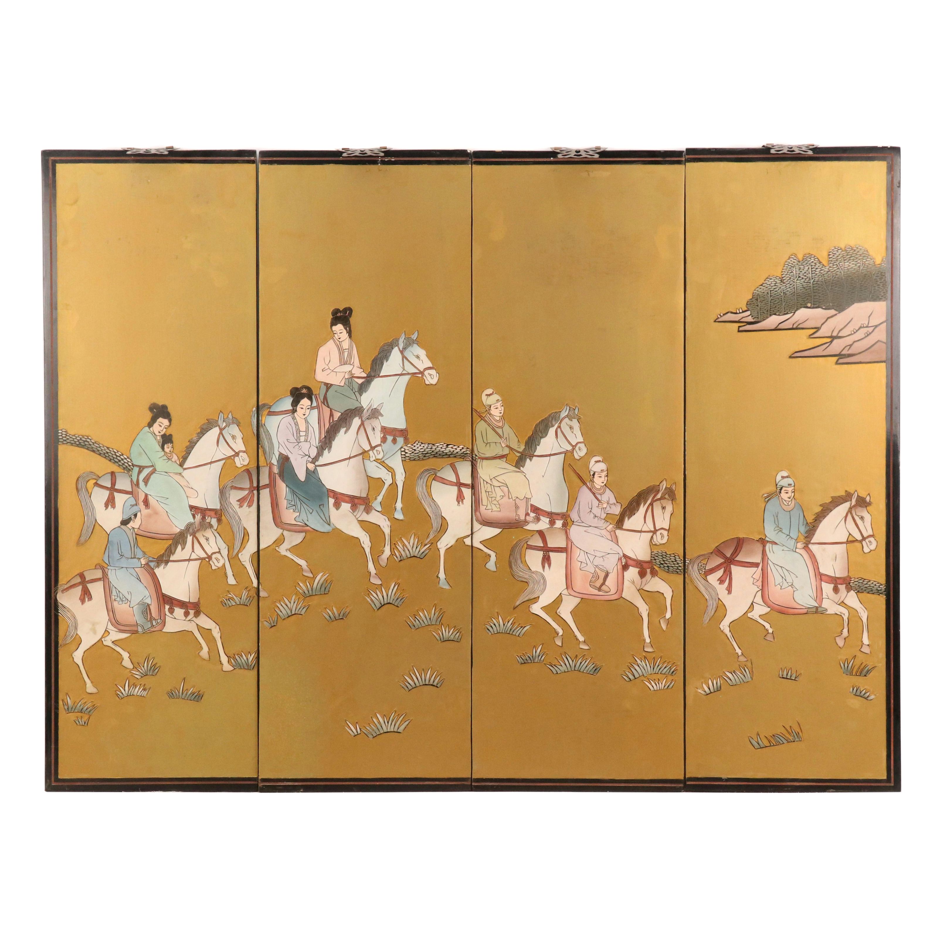Japanese Hand-Painted Folding Screen of Figures on Horseback in Landscape