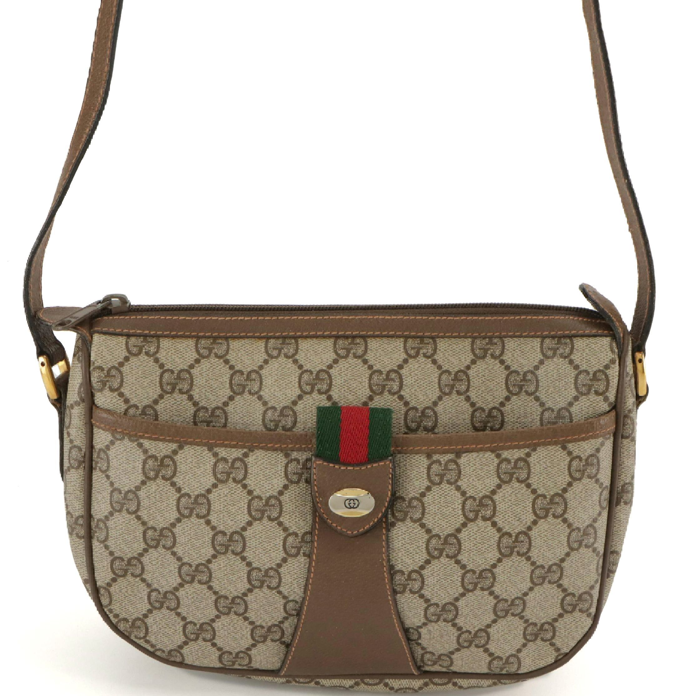 Gucci Accessory Collection Crossbody Bag in GG Supreme Canvas and Brown Leather