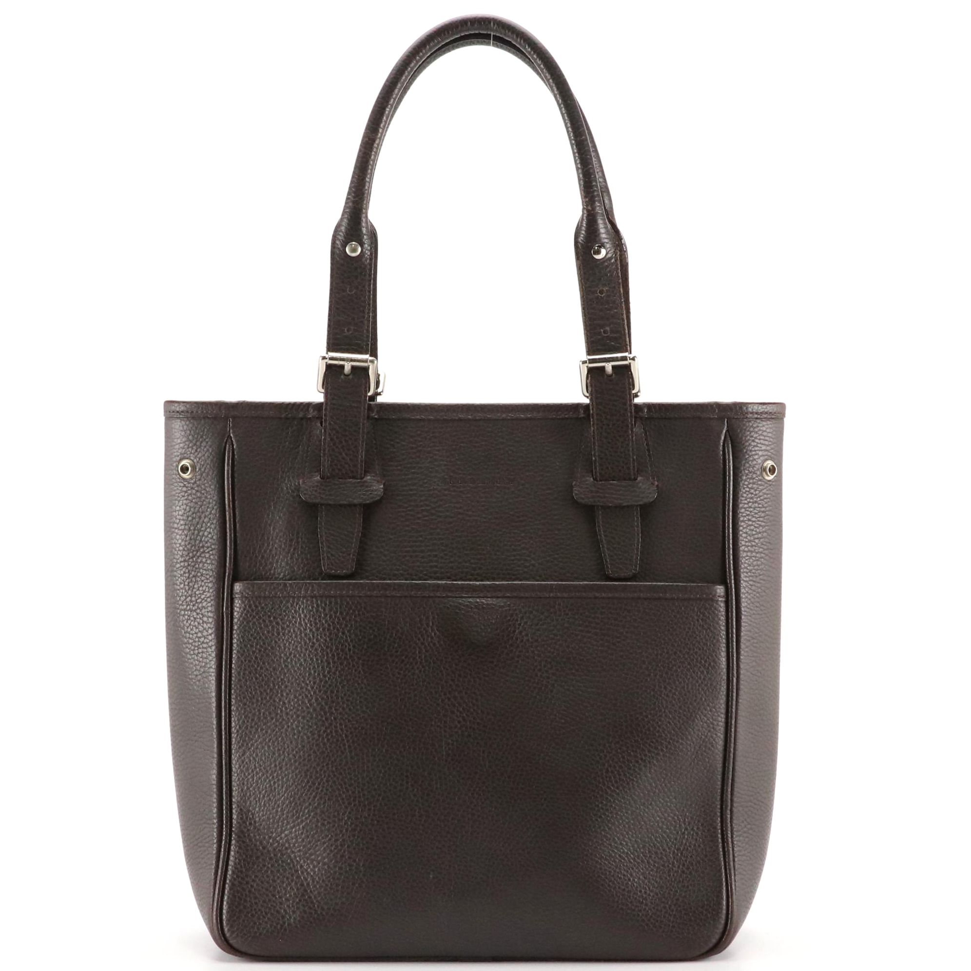 Burberry Buckle Strap Work Tote in Dark Chocolate Brown Grained Leather