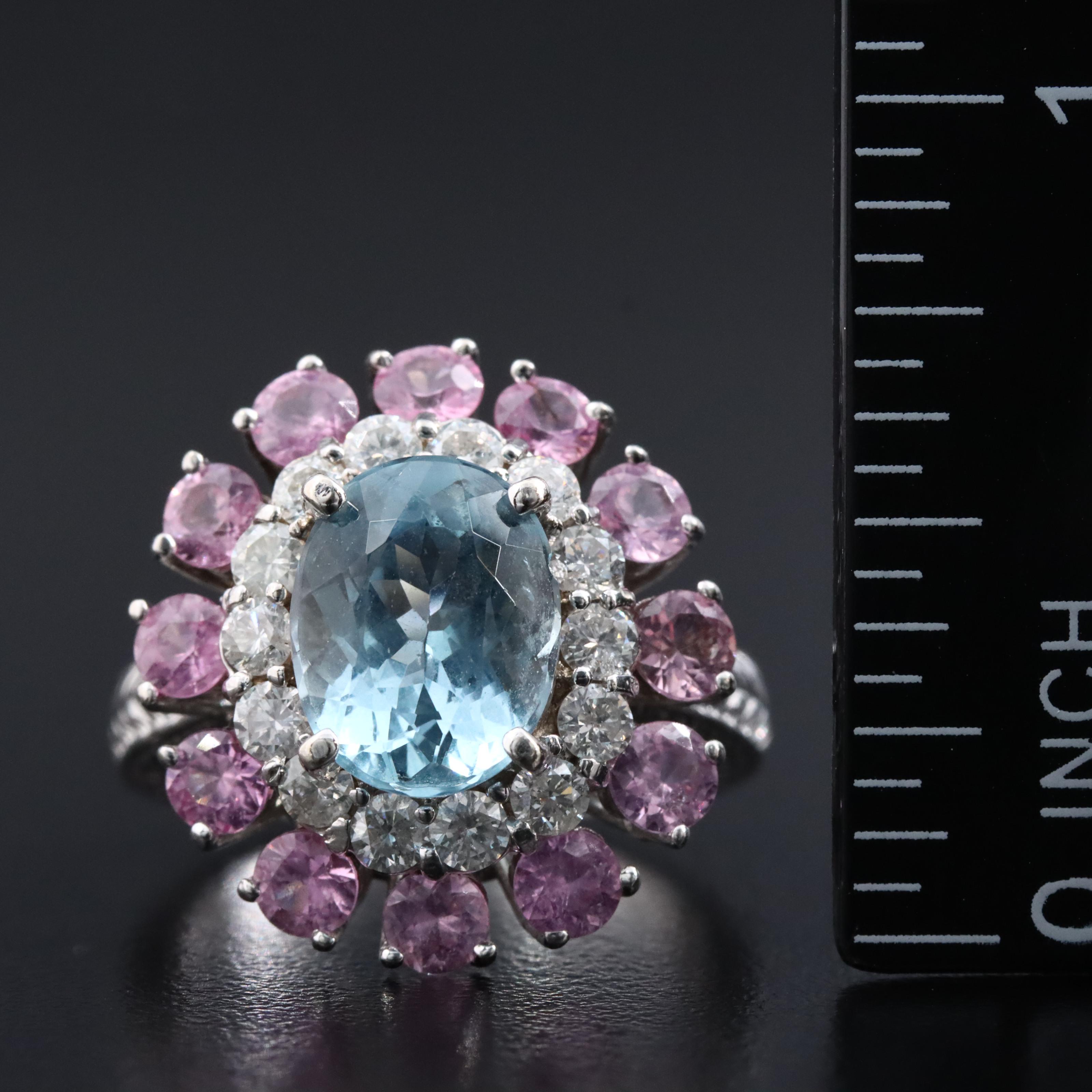 14K 3.06 CT Aquamarine, Diamond, and Pink Sapphire Ring