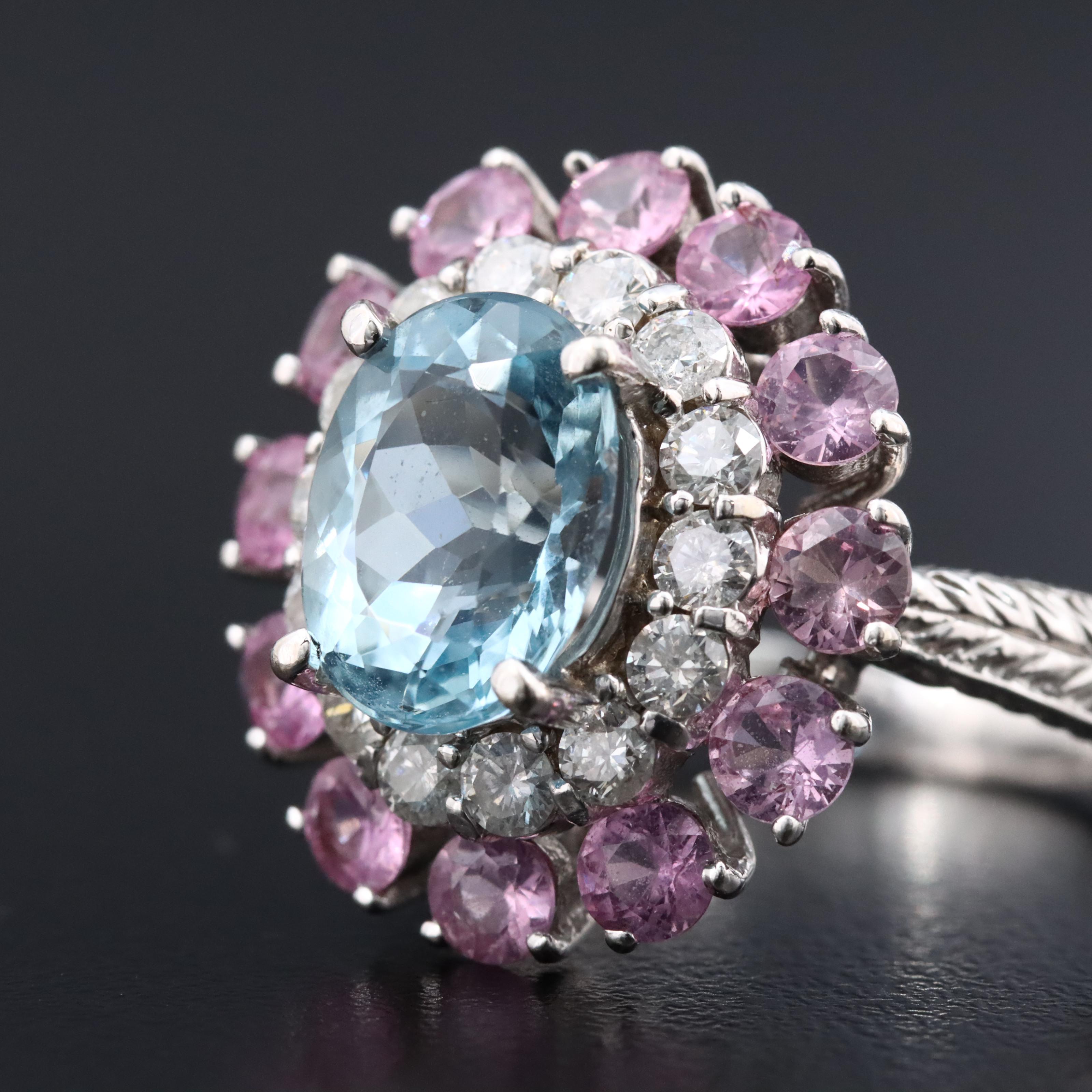 14K 3.06 CT Aquamarine, Diamond, and Pink Sapphire Ring