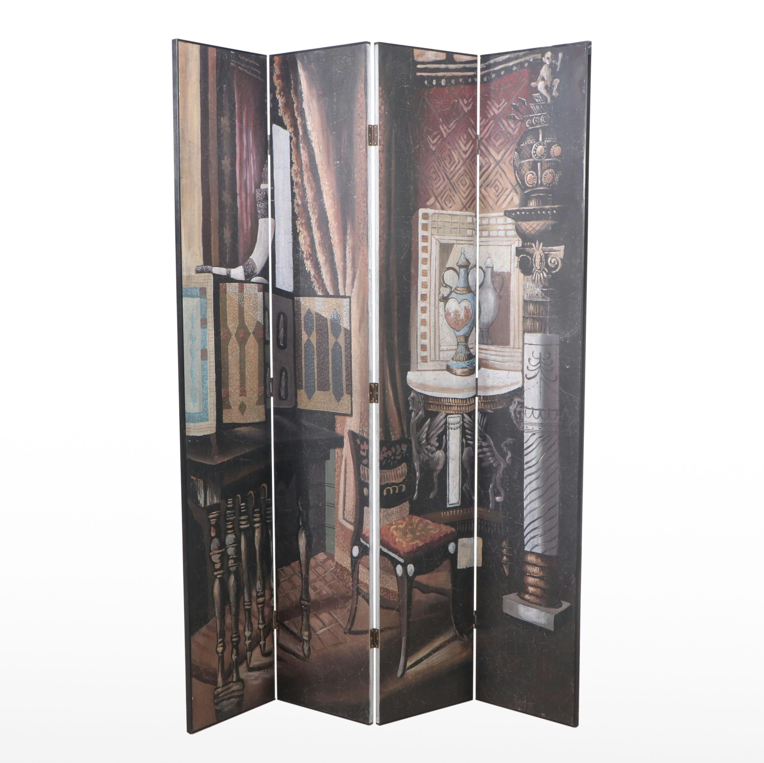 Painted Four-Panel Folding Room Screen with Interior Room Image