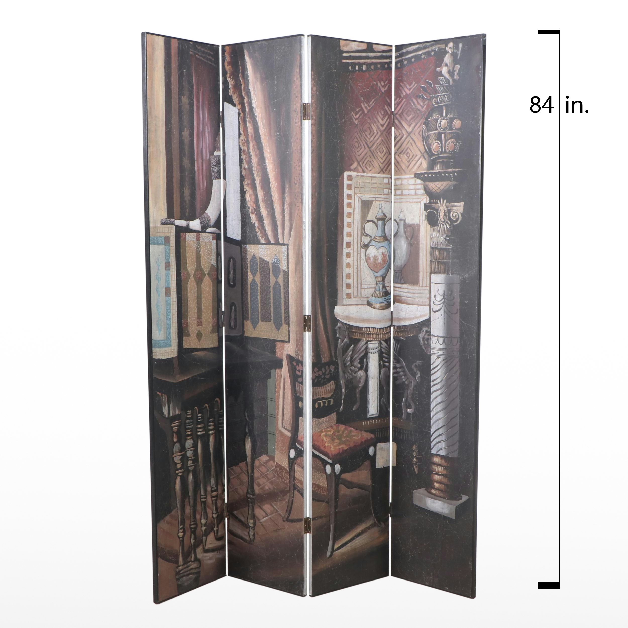 Painted Four-Panel Folding Room Screen with Interior Room Image