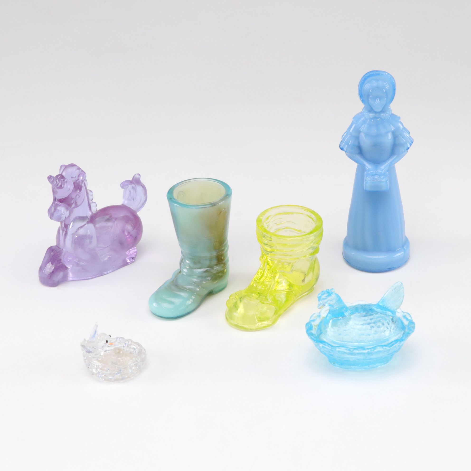 Vaseline & Uranium Glass Hobo Boot Toothpick Holders with Boyd Unicorn & More
