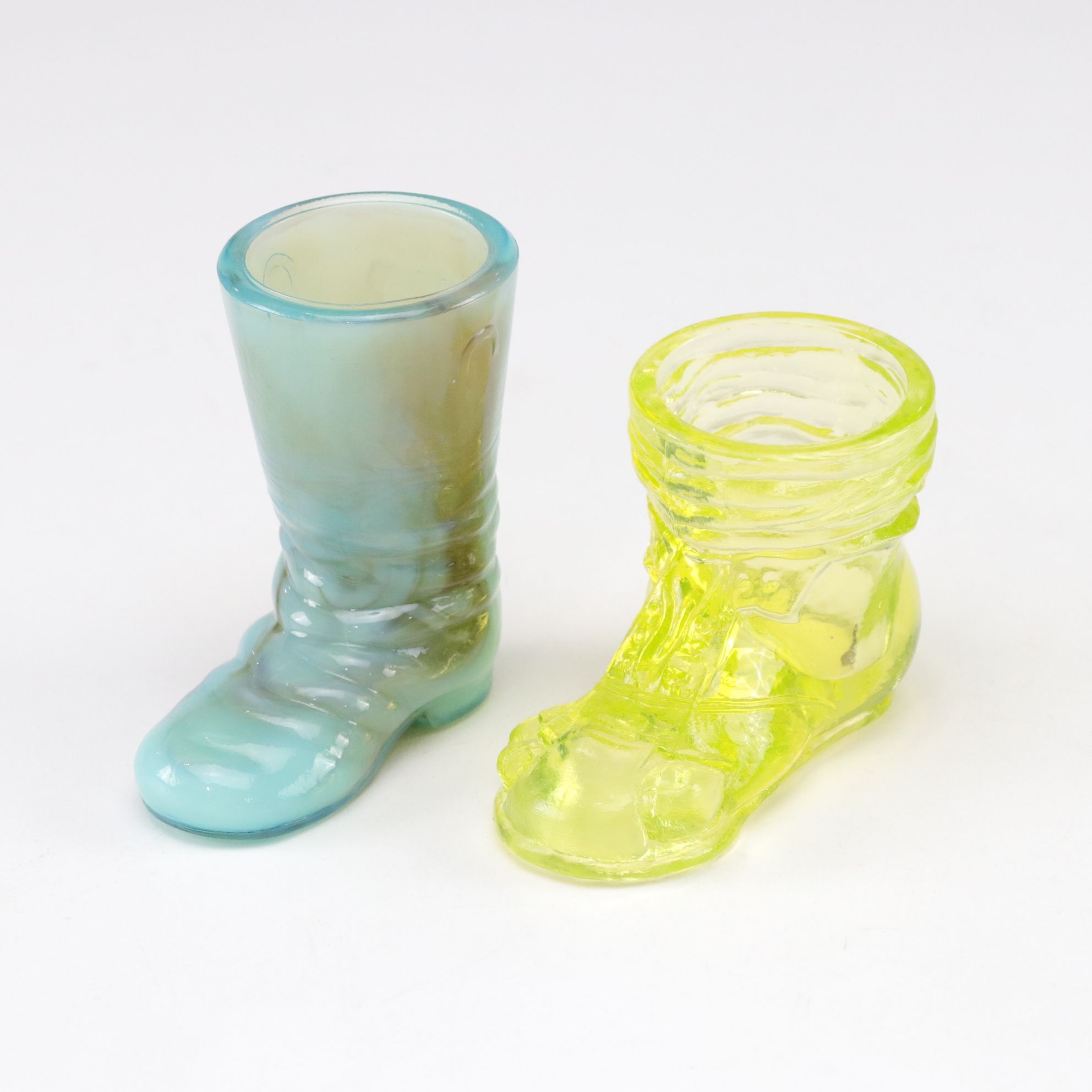 Vaseline & Uranium Glass Hobo Boot Toothpick Holders with Boyd Unicorn & More