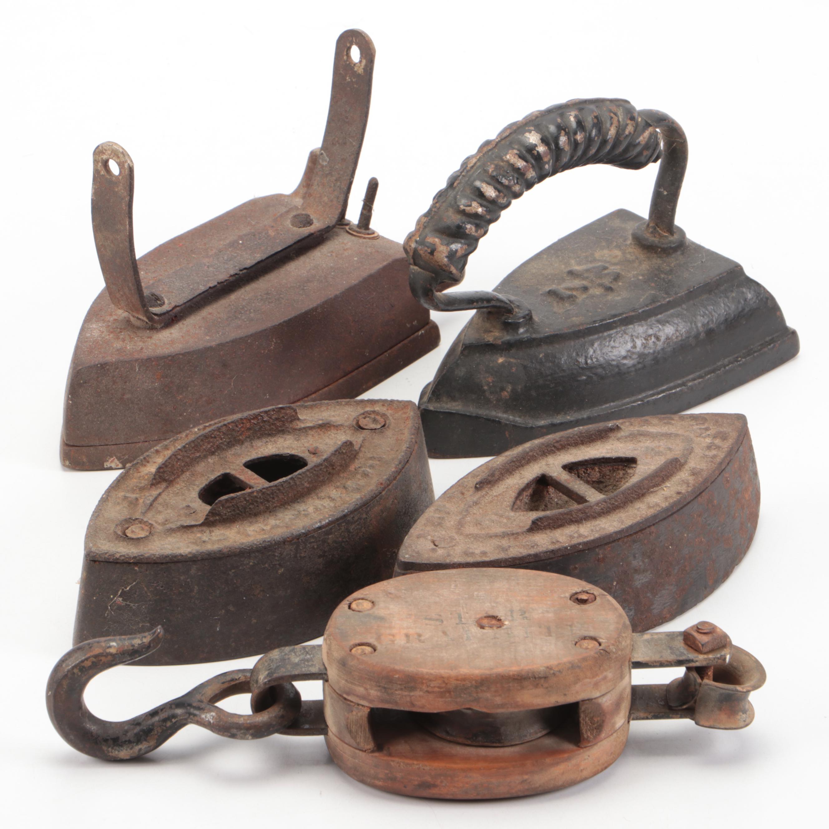 Boston & Lockport Single Block Co. Pulley with Cast Iron Sad Irons
