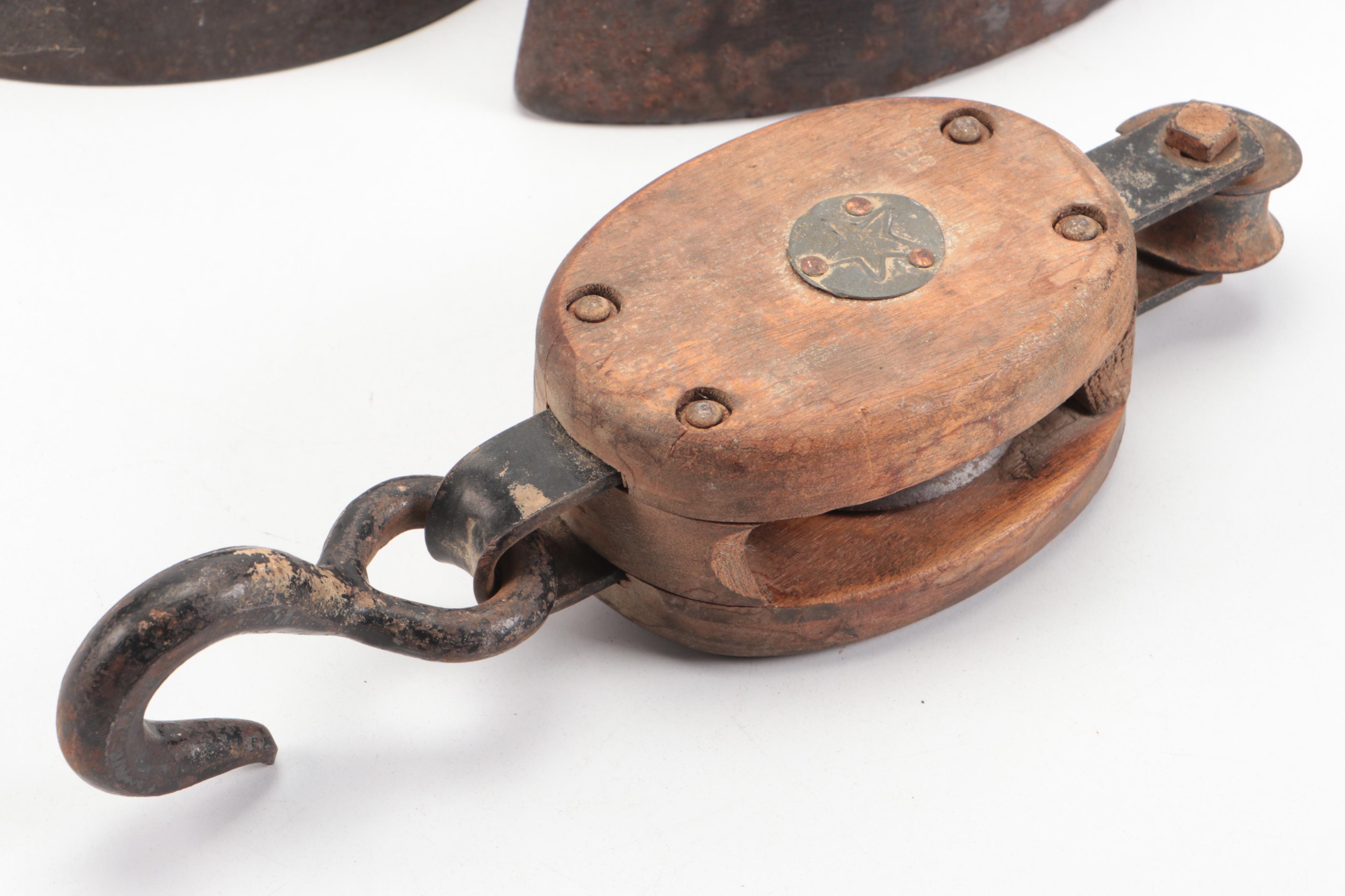 Boston & Lockport Single Block Co. Pulley with Cast Iron Sad Irons