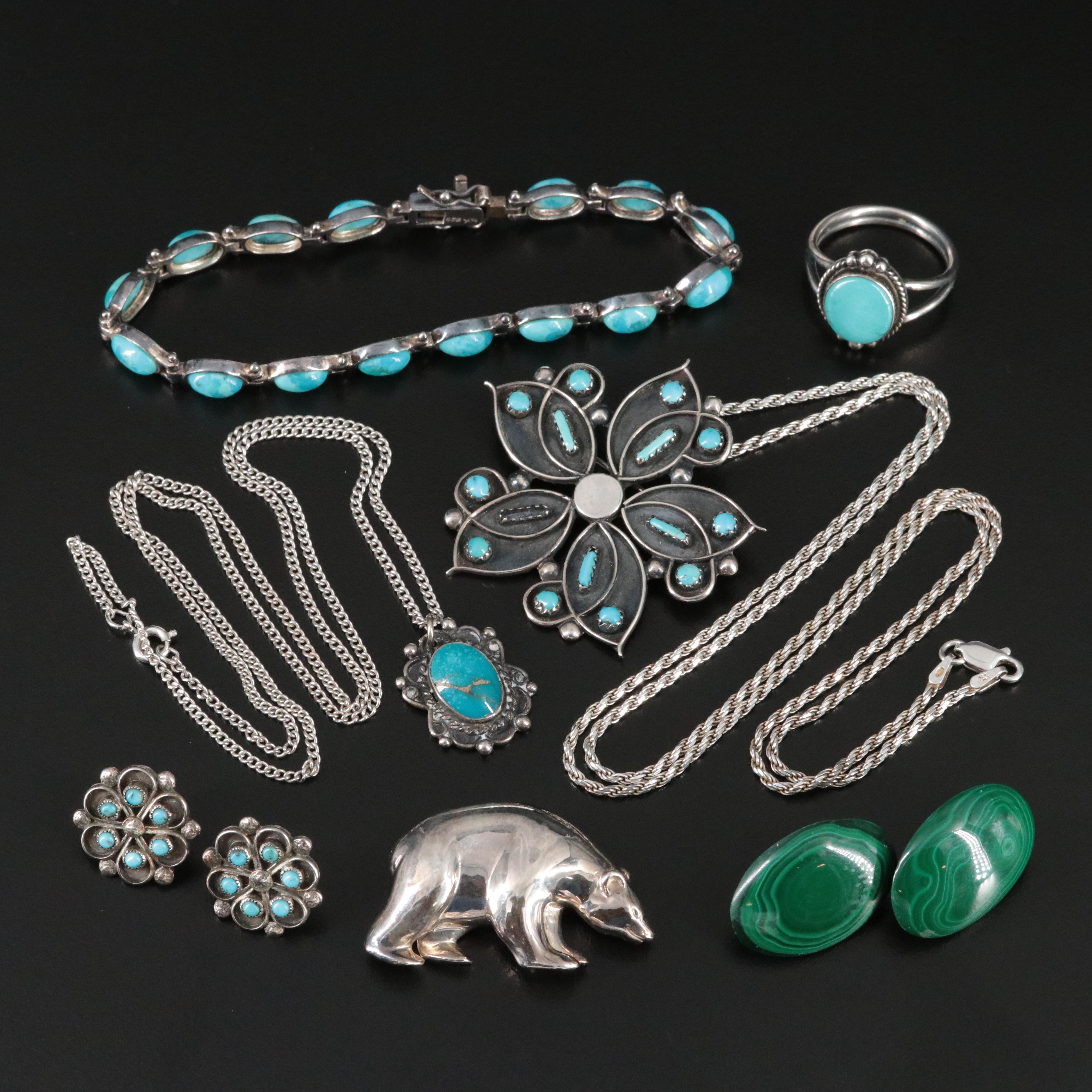 Sterling Jewelry Collection with Signed Zuni Pendant and Earrings