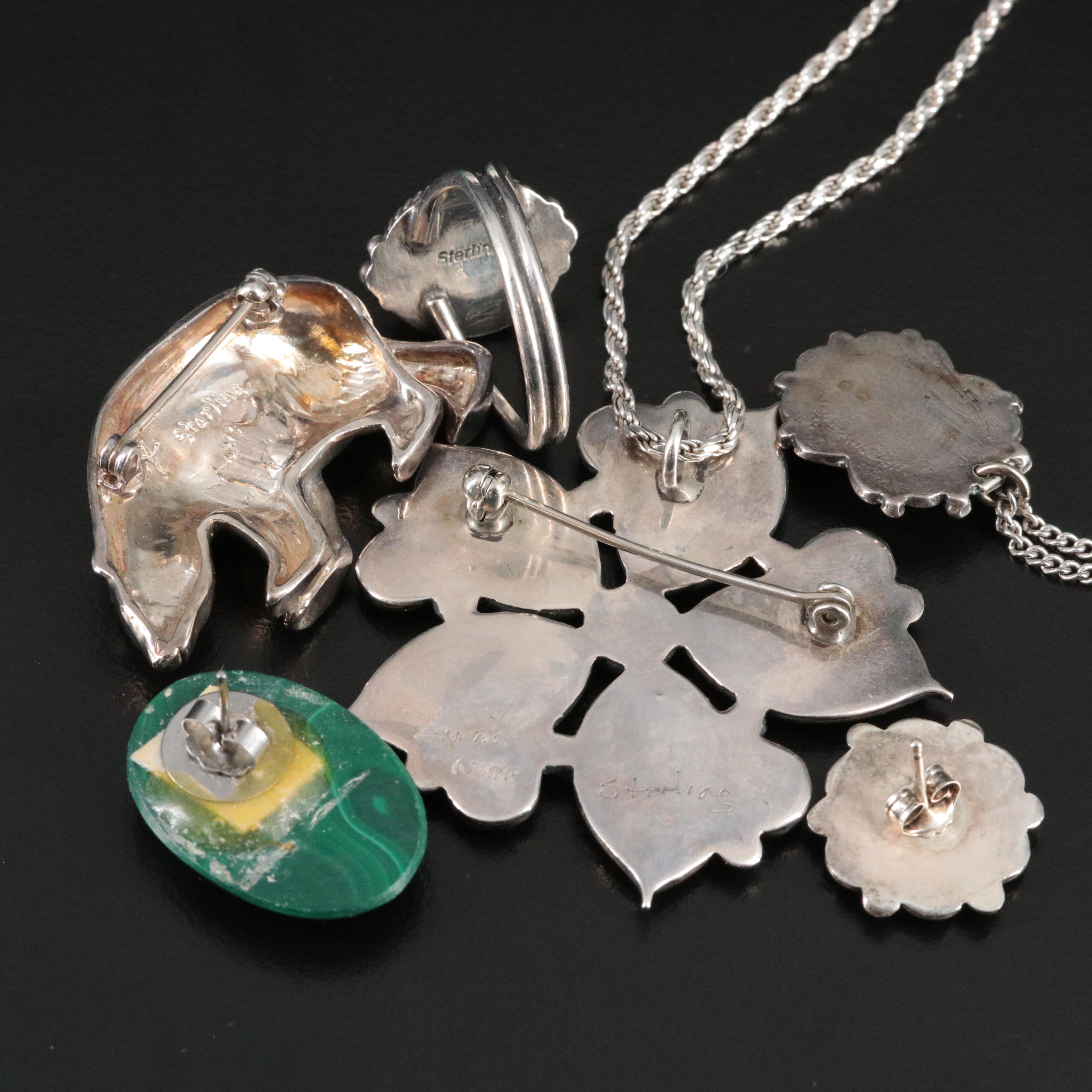 Sterling Jewelry Collection with Signed Zuni Pendant and Earrings