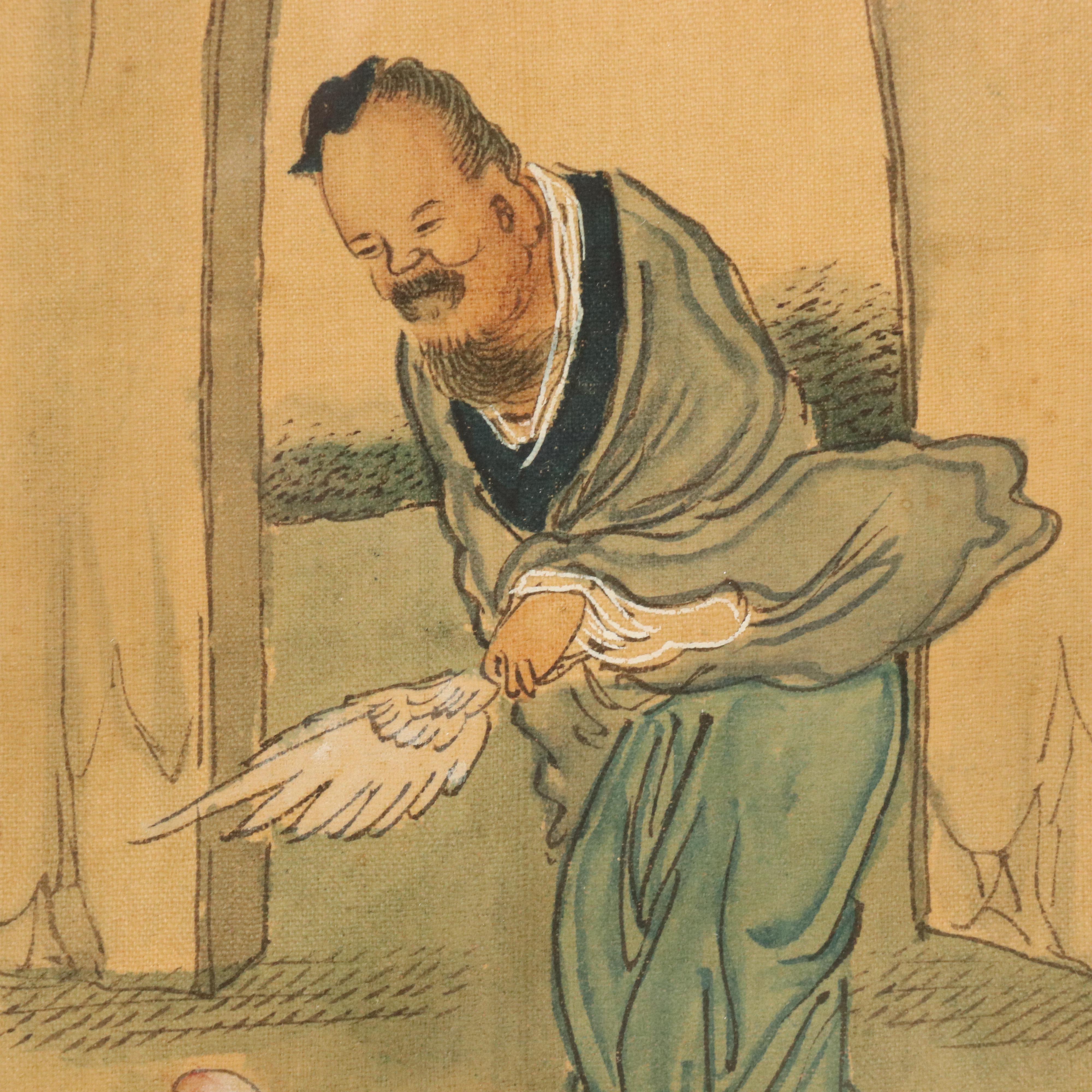 Chinese Watercolor and Ink Painting of Old Man with Boy in Landscape