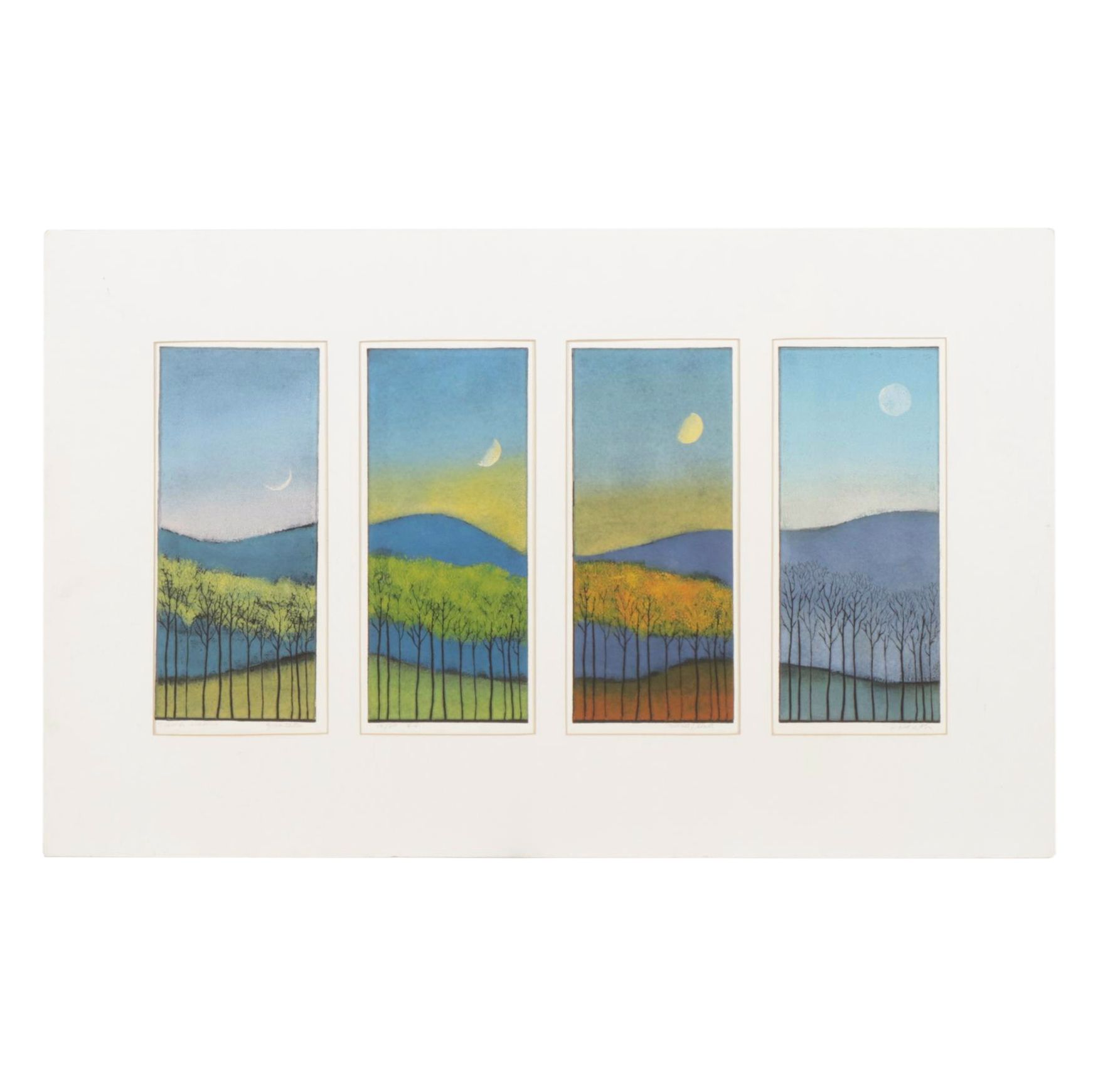 Jan Heath "Trees In Seasons - Quartette" Mono/Lino, Late 20th Century