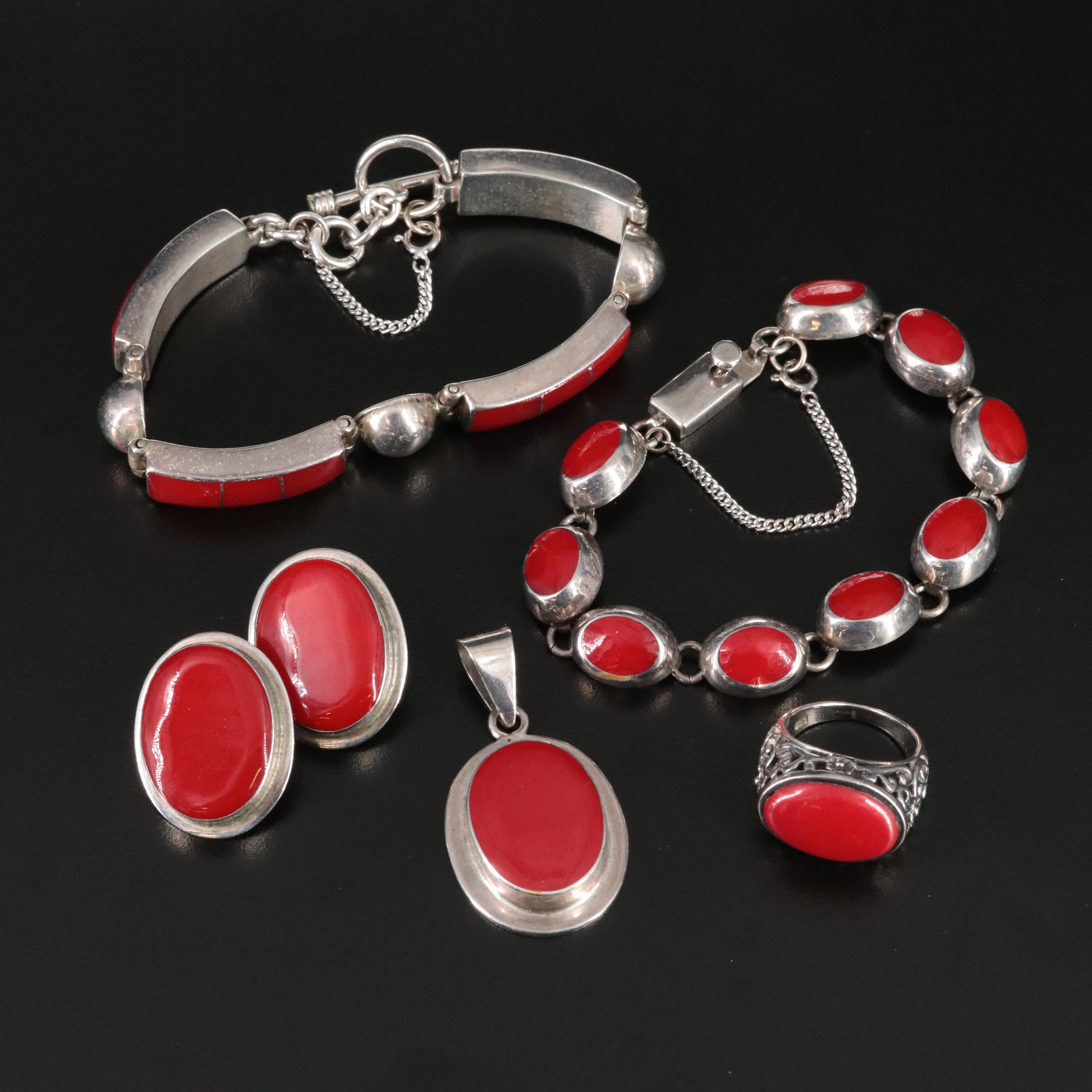 Mexican Sterling Faux Coral Jewelry Collection