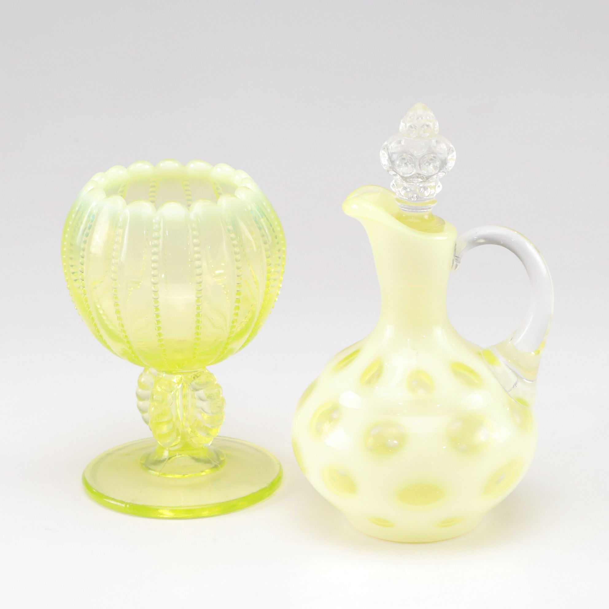 Uranium Glass Coin Dot Cruet & Rose Bowl