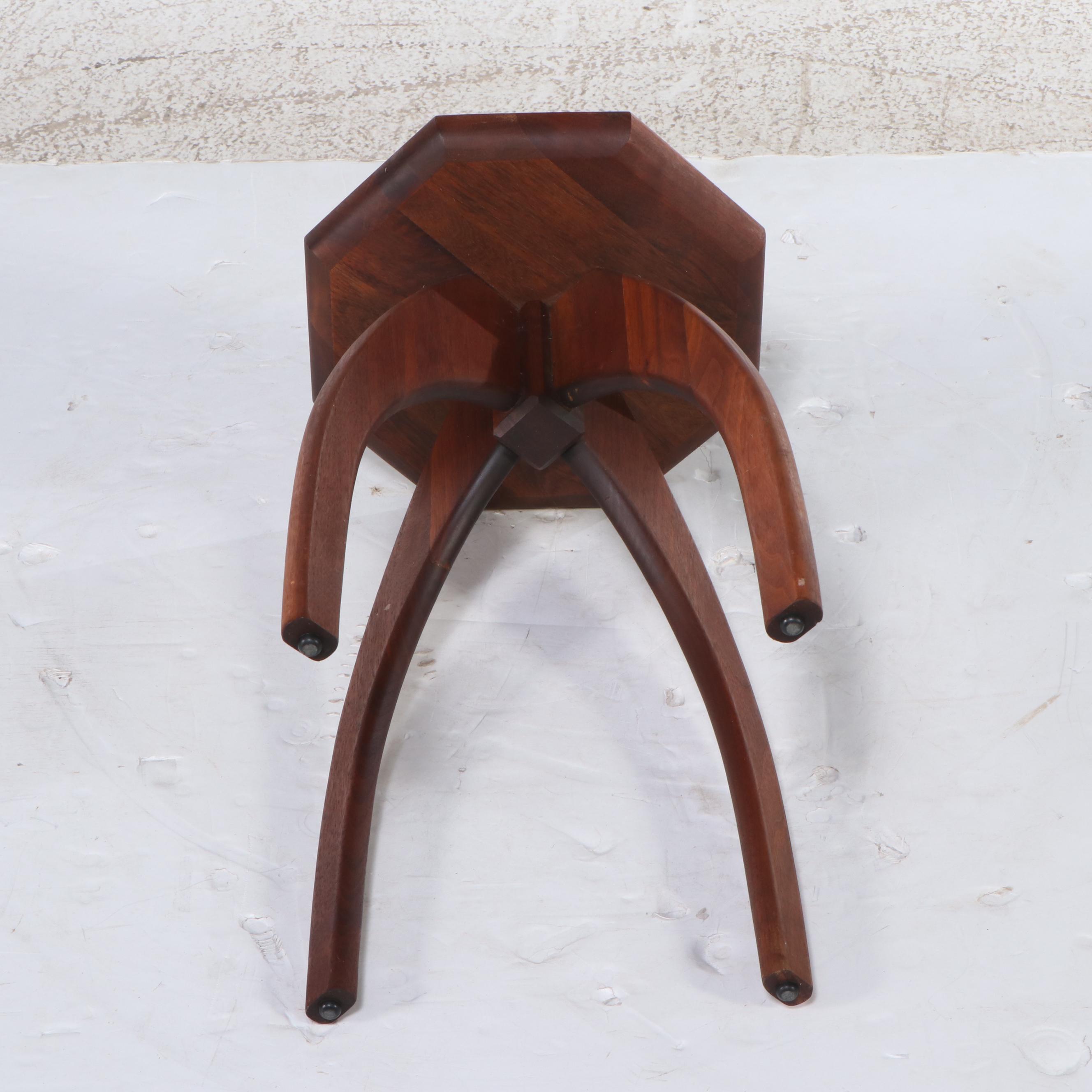 Mid Century Modern Round Walnut Glass Top Accent Table