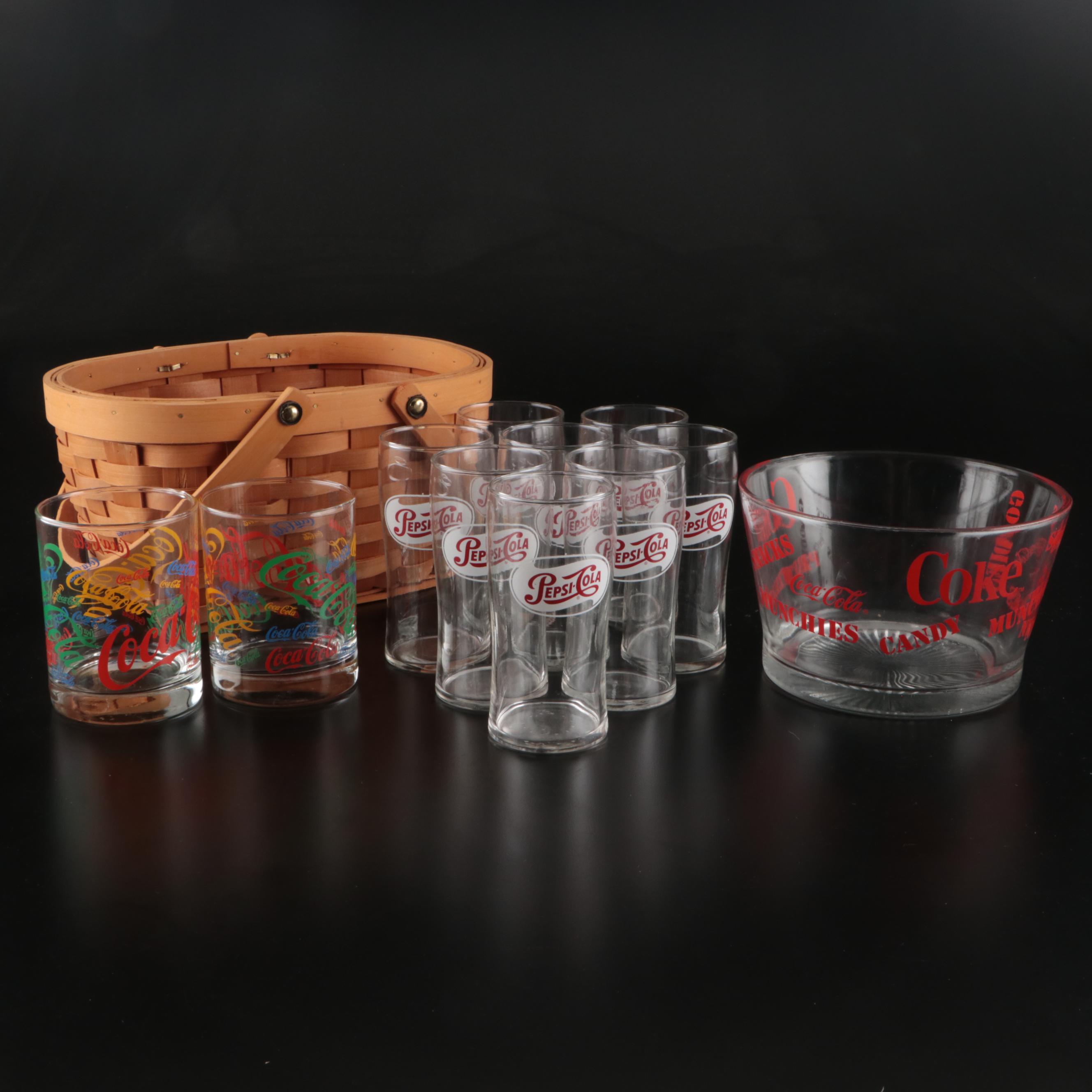 Coca-Cola Glass Tumblers and Snack Bowl with Pepsi Glasses and Woven Basket