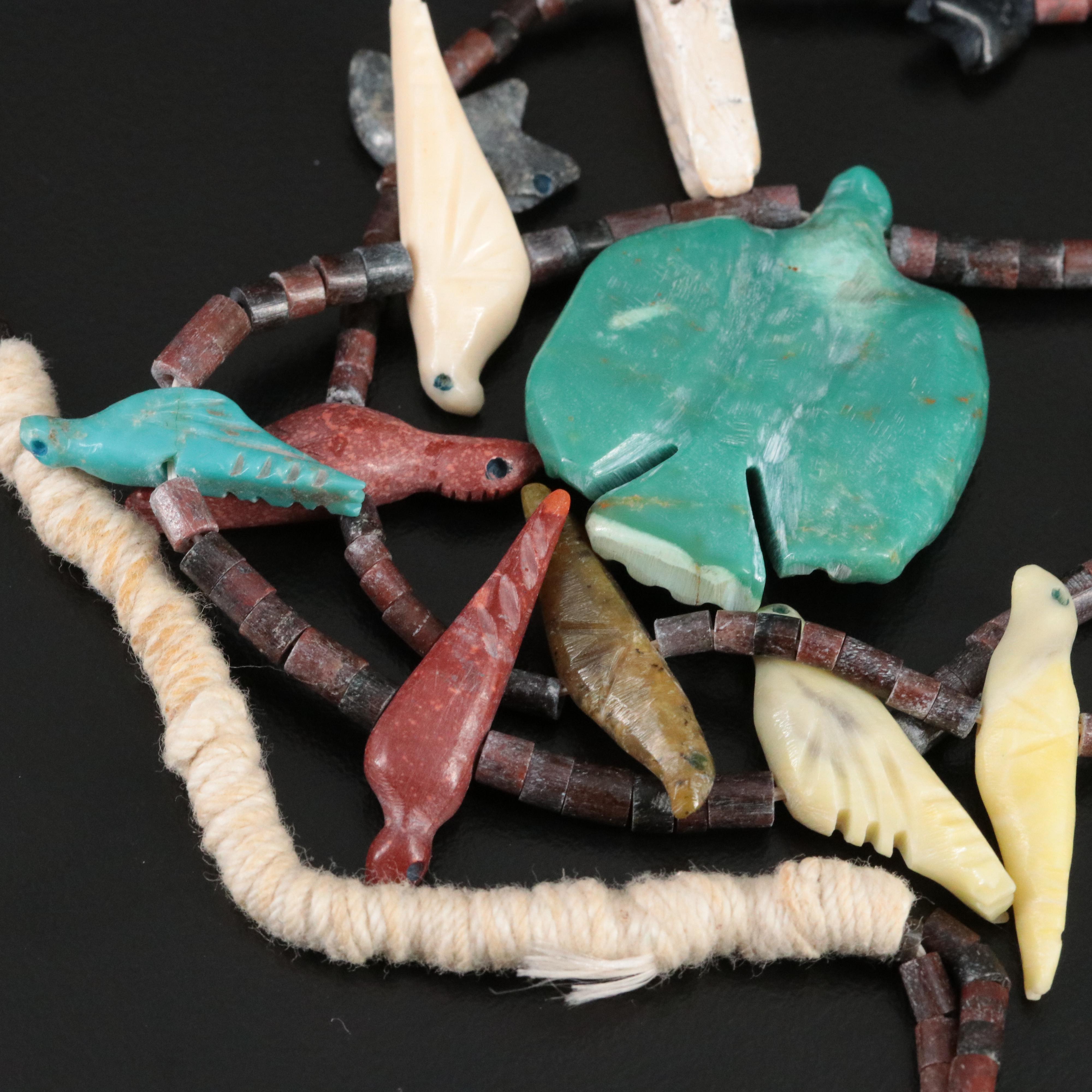 Southwestern Carved Shell and Serpentine Fetish Necklace