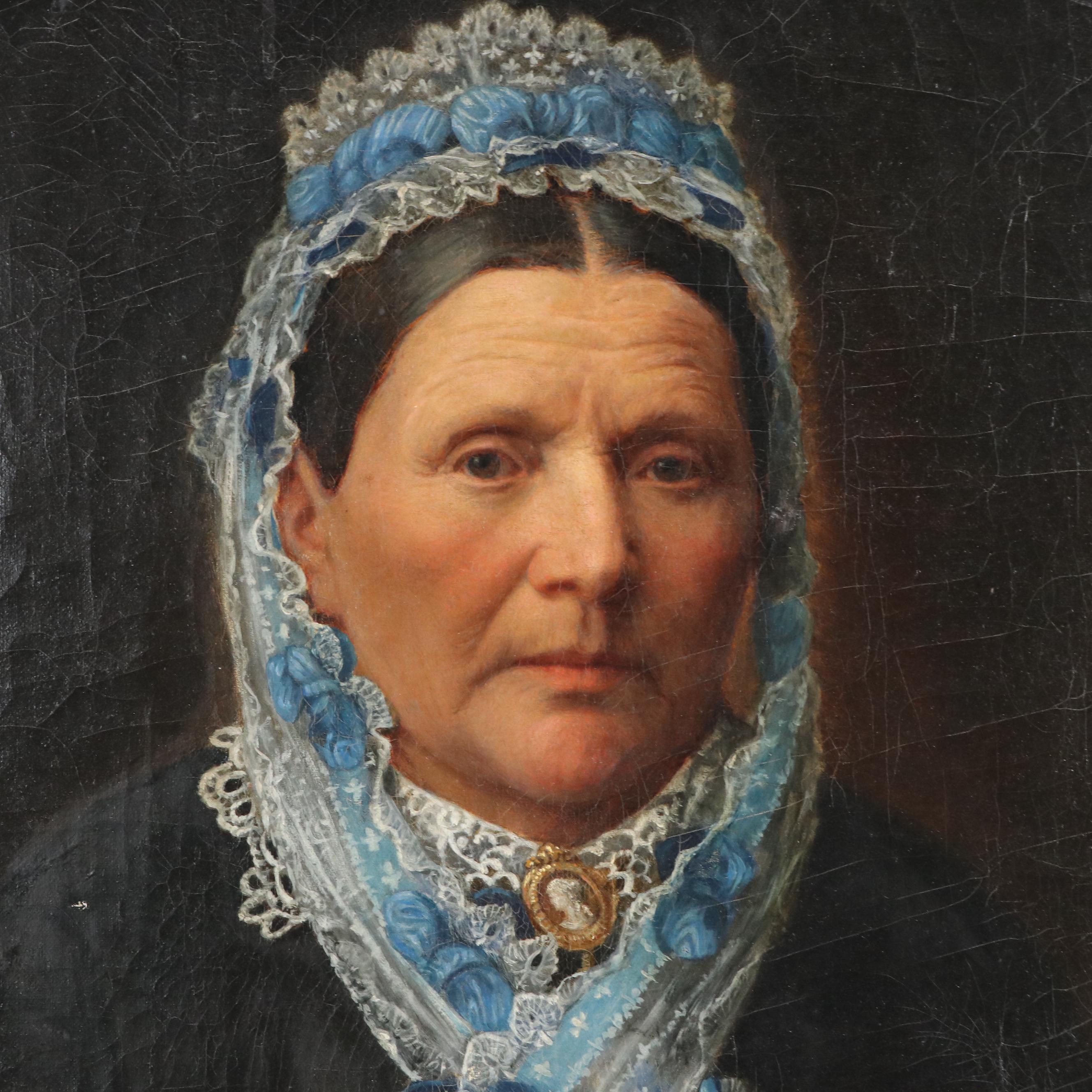 Portrait Oil Painting of a Woman Wearing Lace Cap, Circa 1860