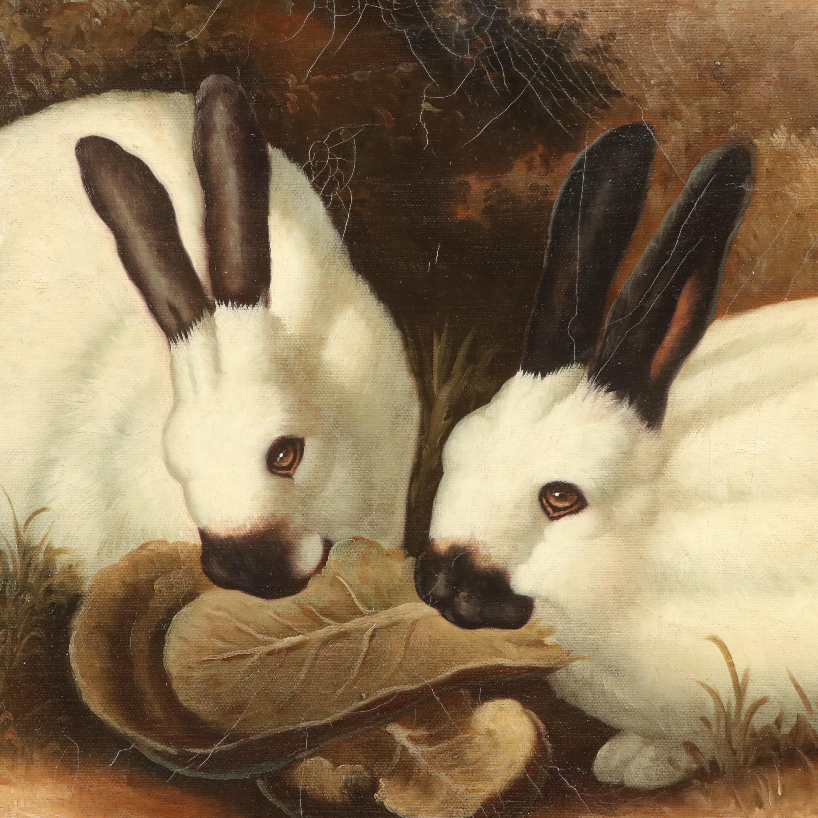 After P. Rolence Oil Painting "Himalayan Rabbits Eating Cabbage," 20th Century