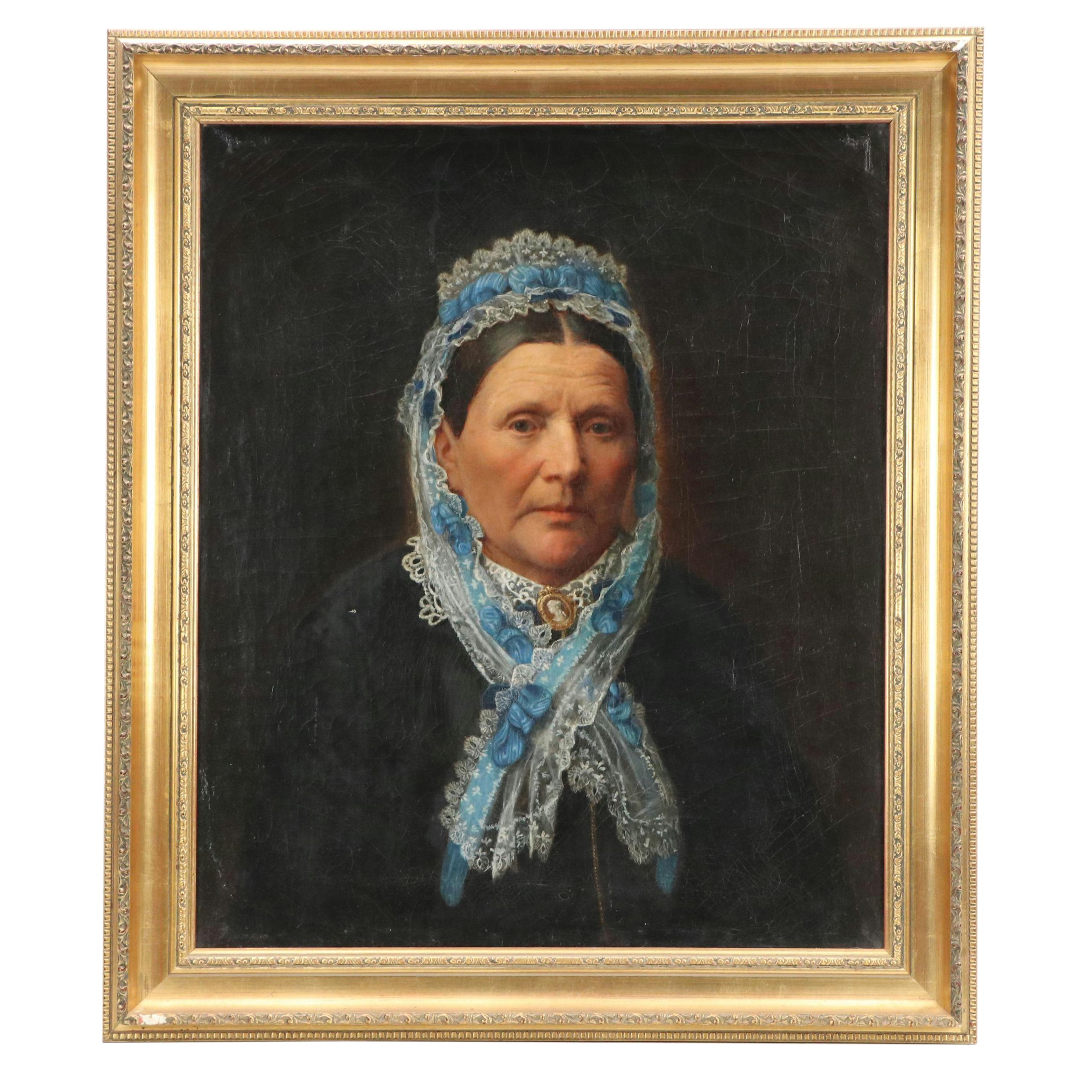 Portrait Oil Painting of a Woman Wearing Lace Cap, Circa 1860