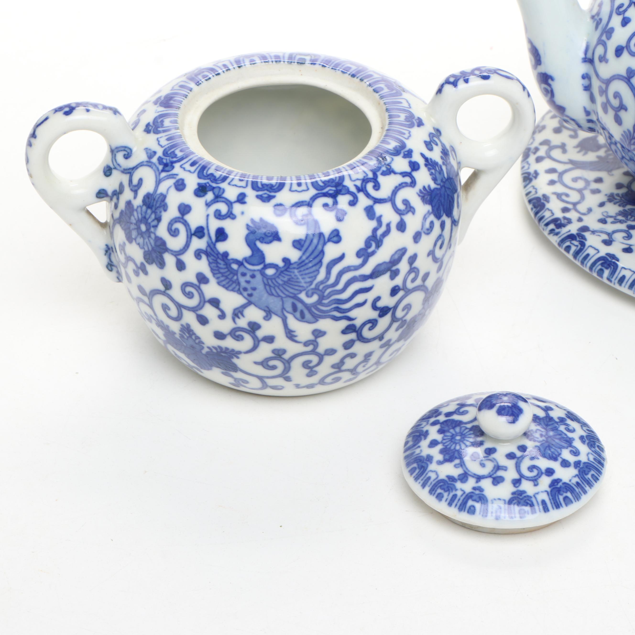 Japanese Blue on White Pheonix Arabesque Porcelain Tea Set