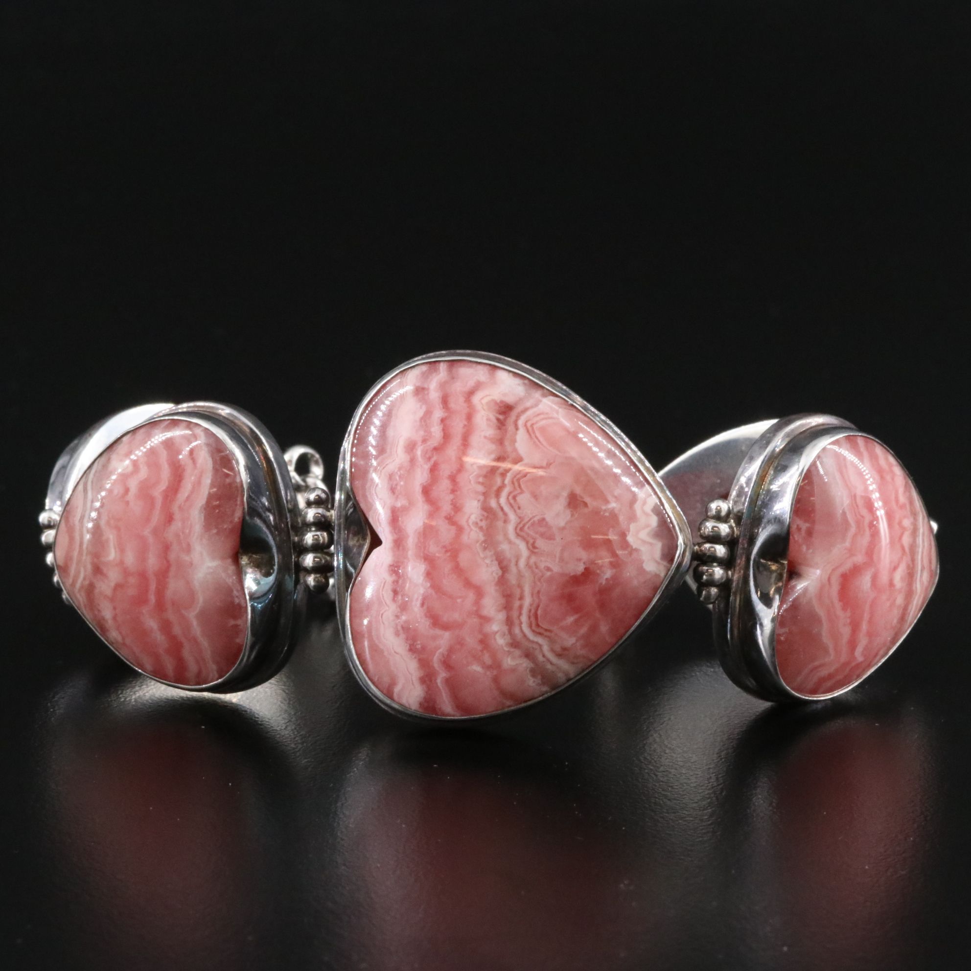 Sterling Rhodochrosite Graduated Heart Bracelet