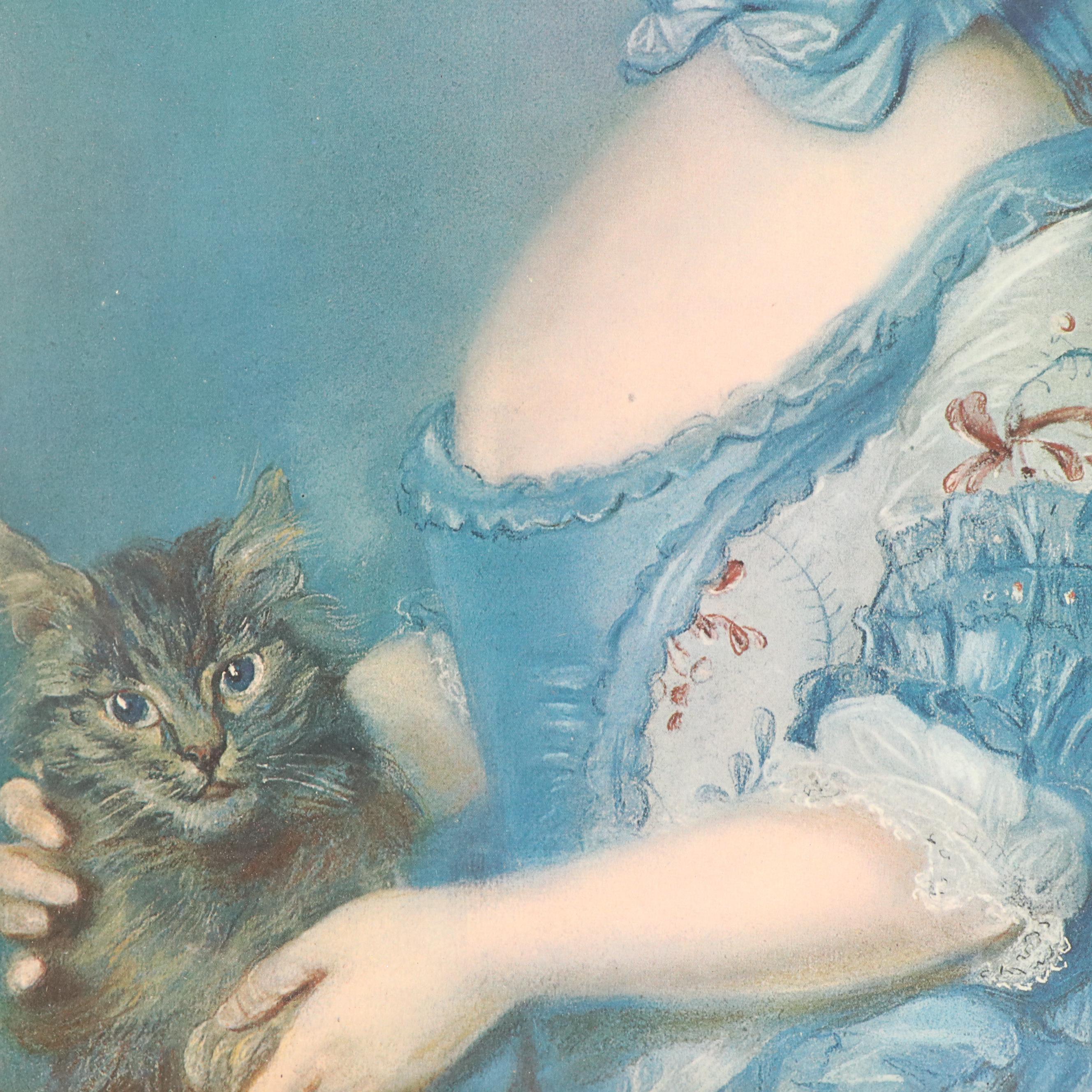 After Jean-Baptiste Perronneau Offset Lithograph "A Girl with a Kitten"