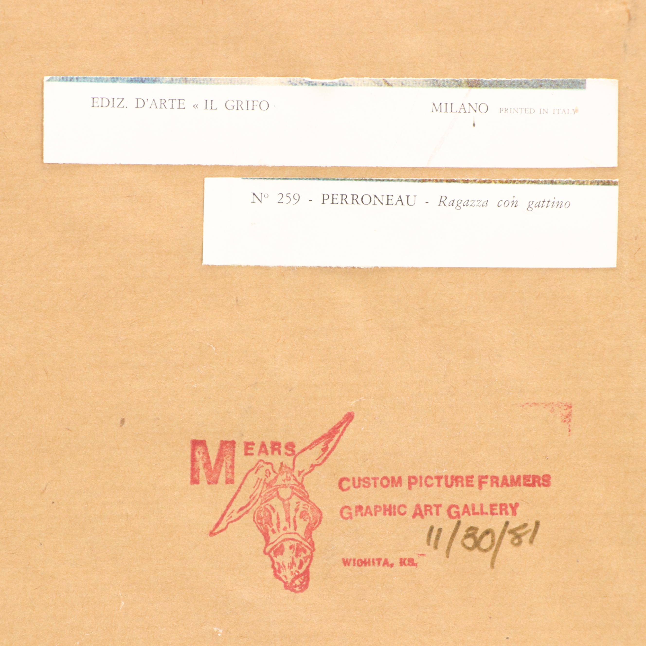 After Jean-Baptiste Perronneau Offset Lithograph "A Girl with a Kitten"