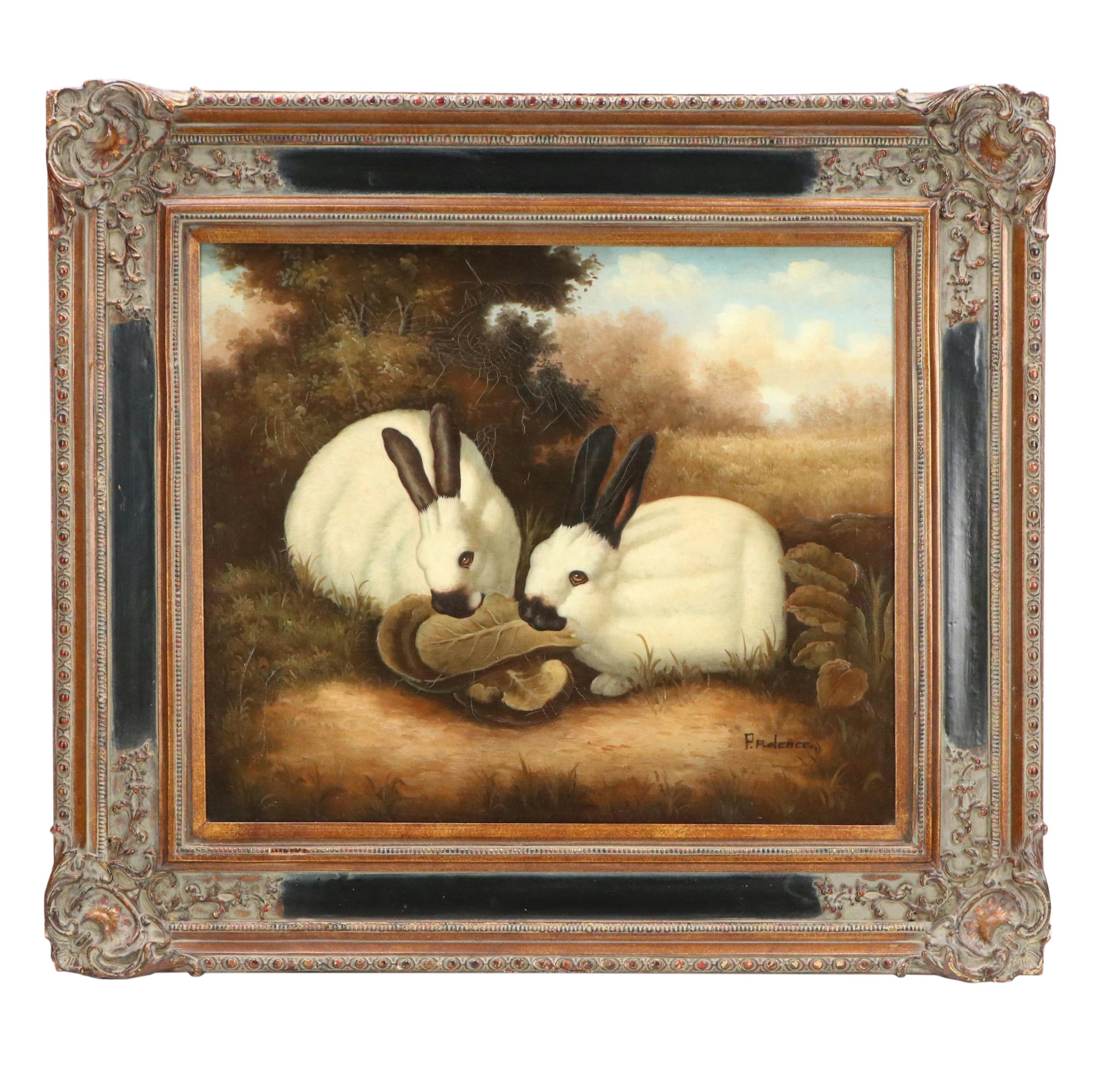 After P. Rolence Oil Painting "Himalayan Rabbits Eating Cabbage," 20th Century