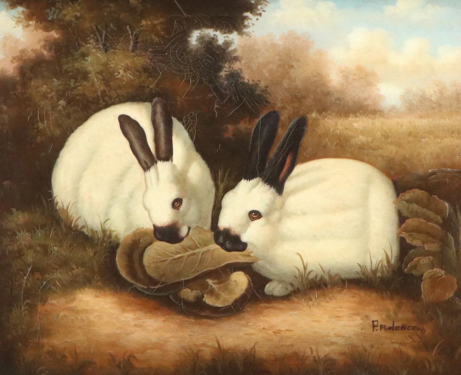 After P. Rolence Oil Painting "Himalayan Rabbits Eating Cabbage," 20th Century