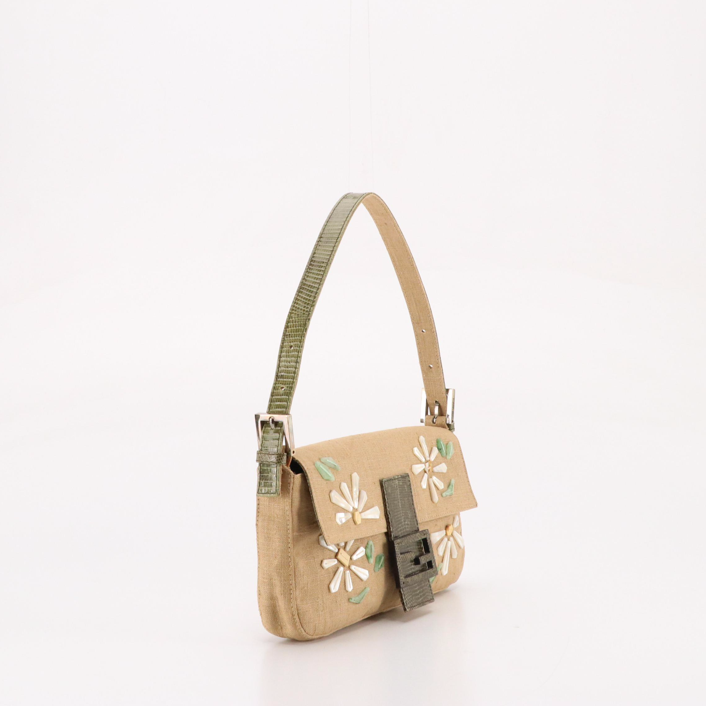 Fendi Floral Shell Embellished Brown Linen and Green Lizard Trimmed Baguette Bag