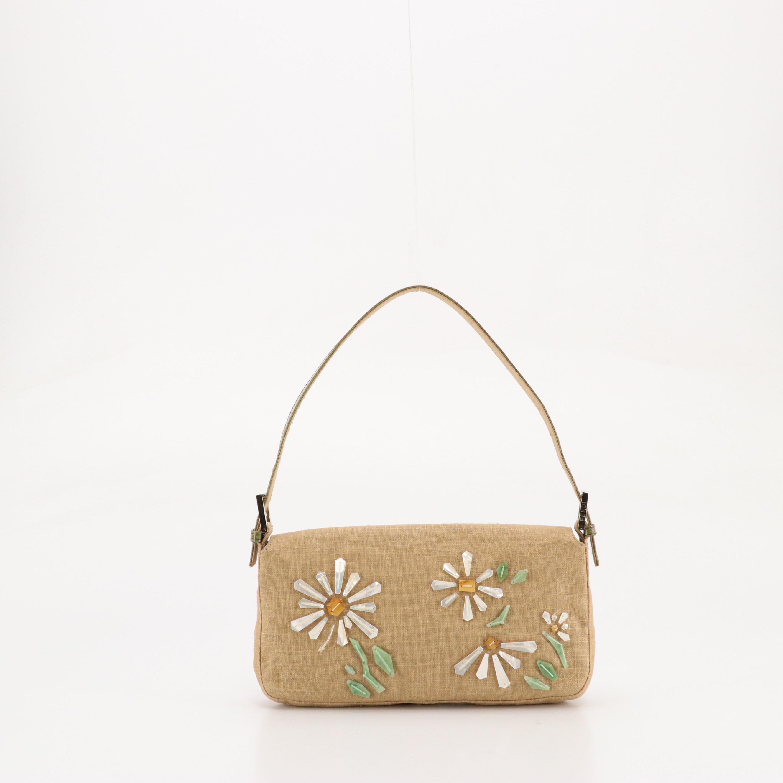 Fendi Floral Shell Embellished Brown Linen and Green Lizard Trimmed Baguette Bag