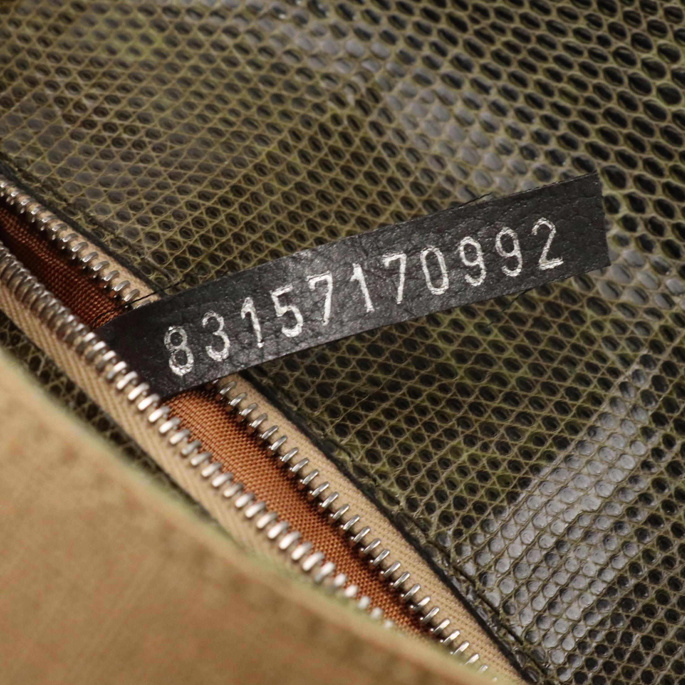 Fendi Floral Shell Embellished Brown Linen and Green Lizard Trimmed Baguette Bag