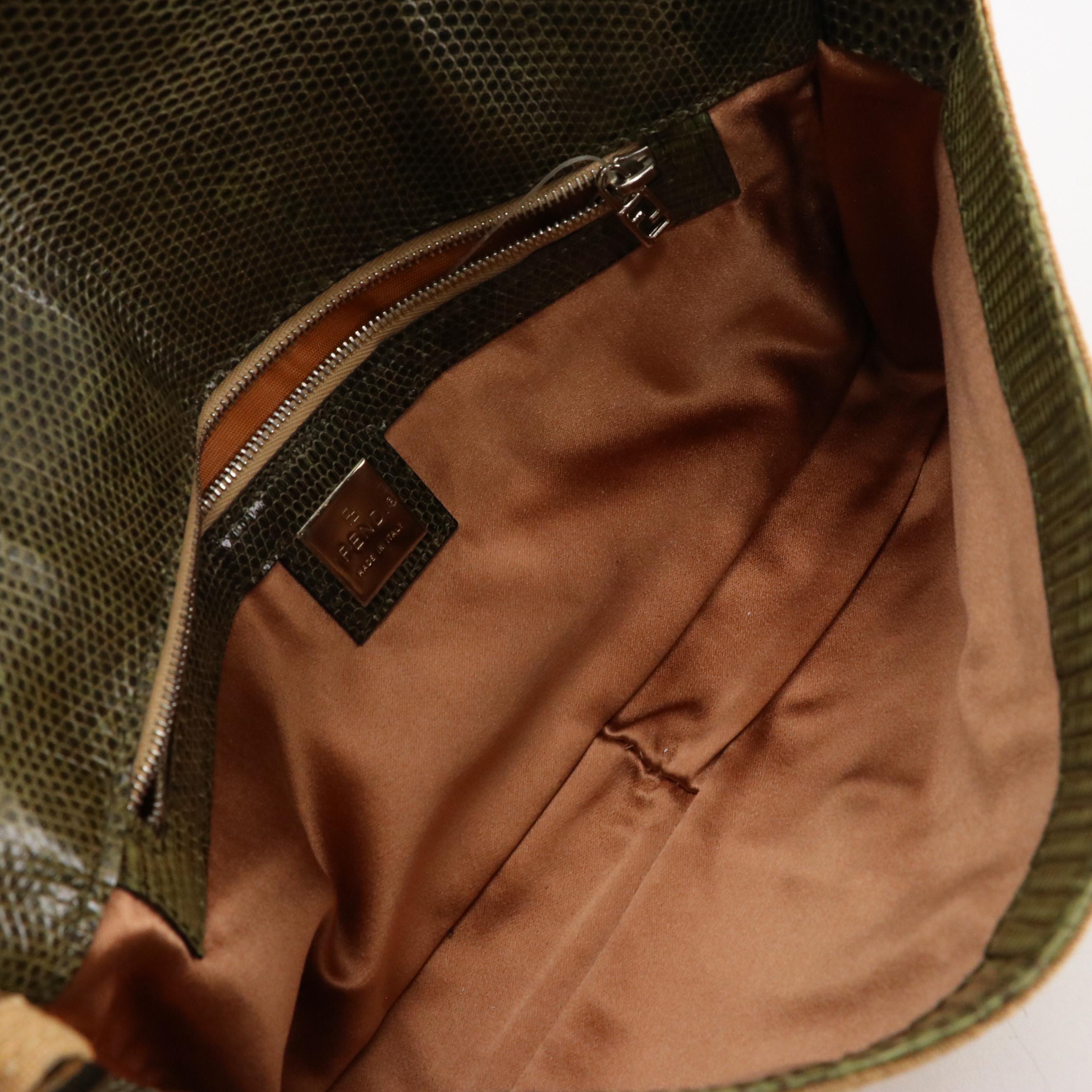 Fendi Floral Shell Embellished Brown Linen and Green Lizard Trimmed Baguette Bag