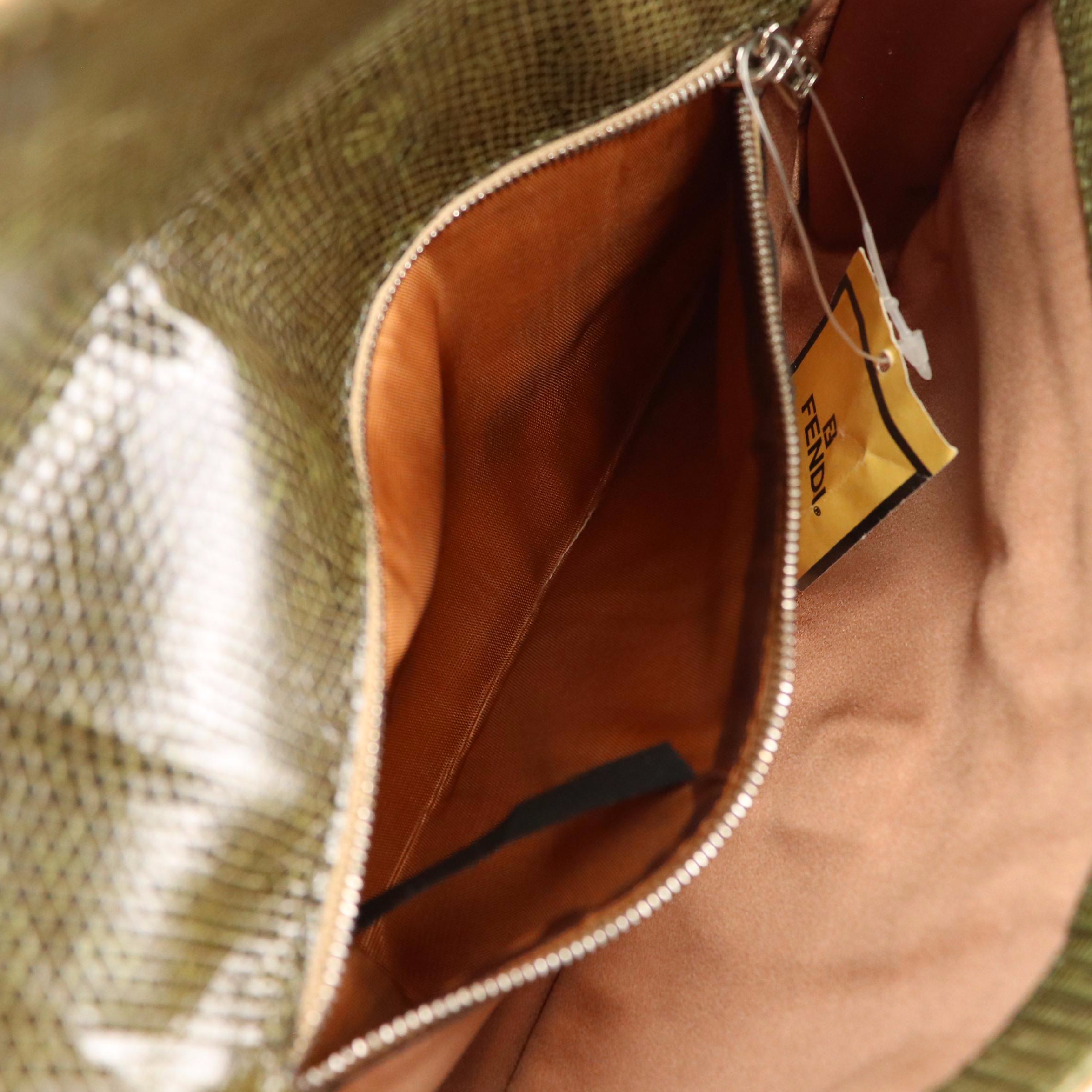 Fendi Floral Shell Embellished Brown Linen and Green Lizard Trimmed Baguette Bag