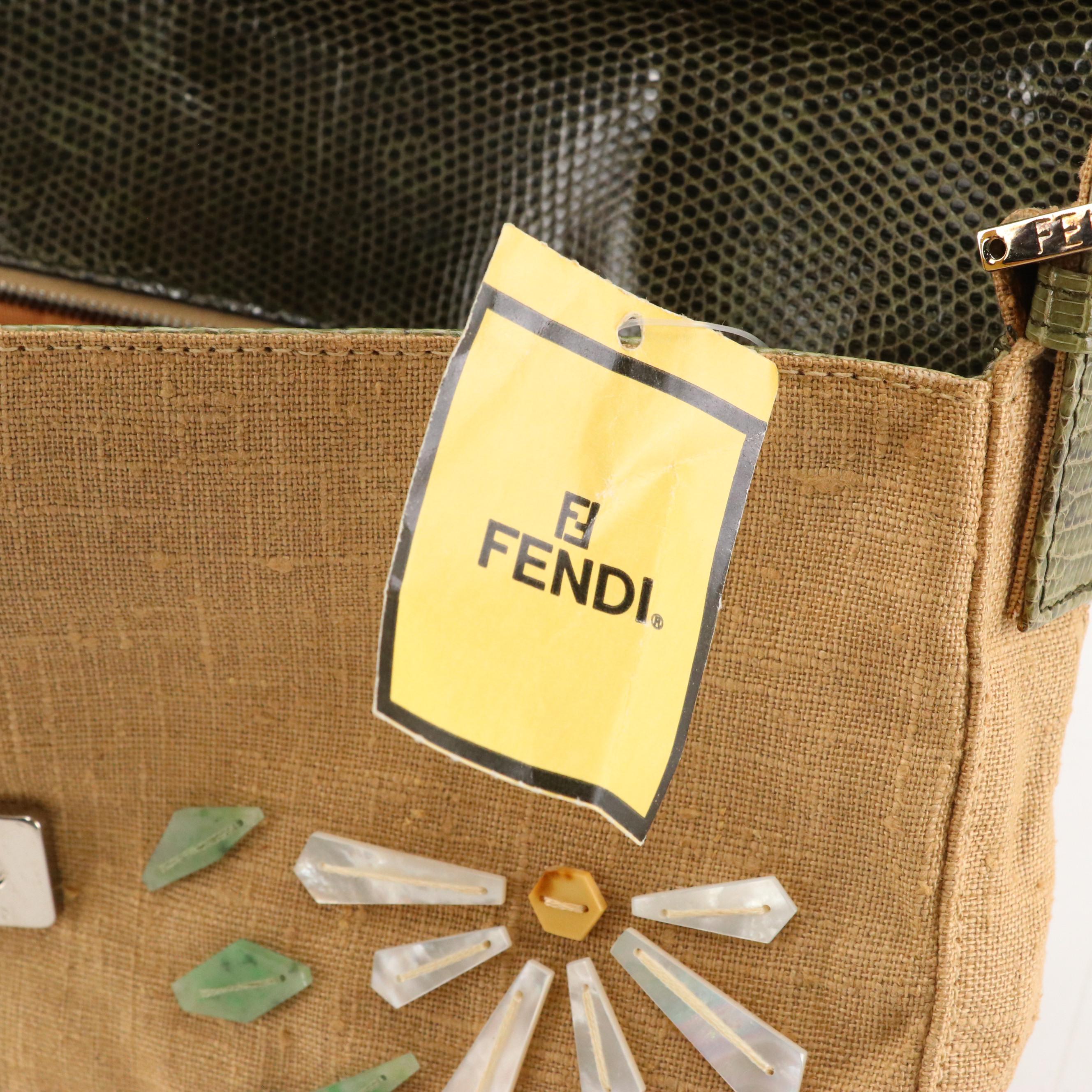 Fendi Floral Shell Embellished Brown Linen and Green Lizard Trimmed Baguette Bag