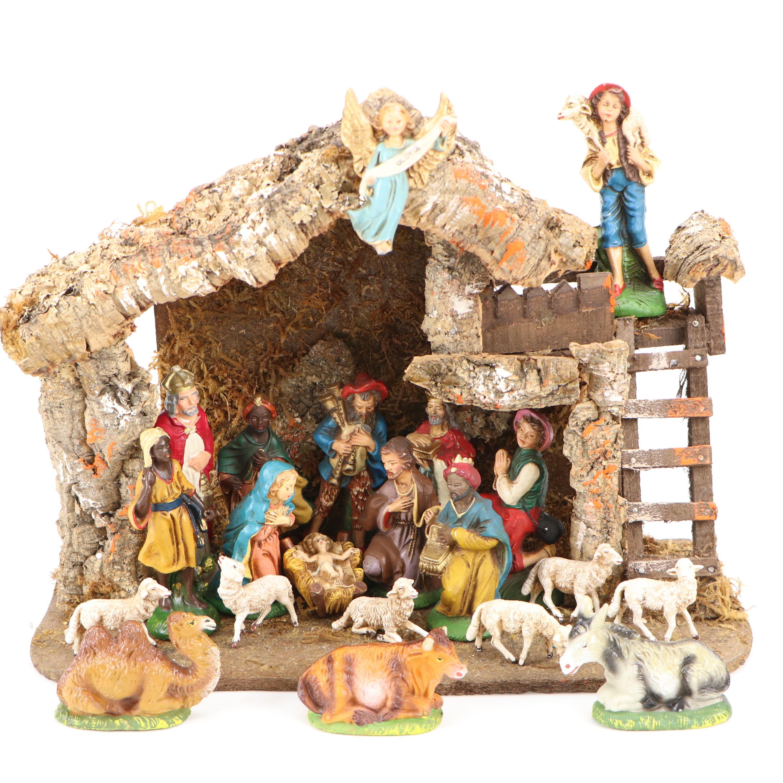 Italian Hand-Painted Creche with Nativity Chalkware Figures