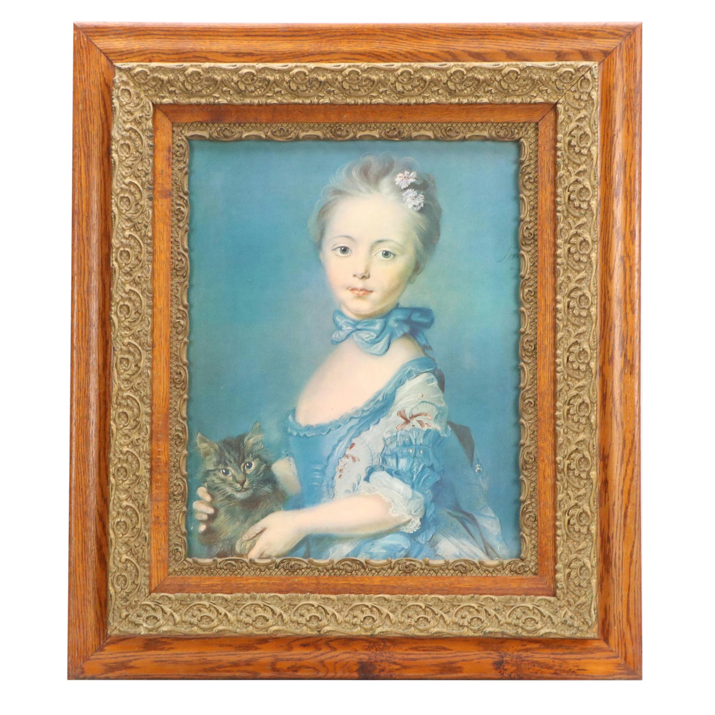 After Jean-Baptiste Perronneau Offset Lithograph "A Girl with a Kitten"