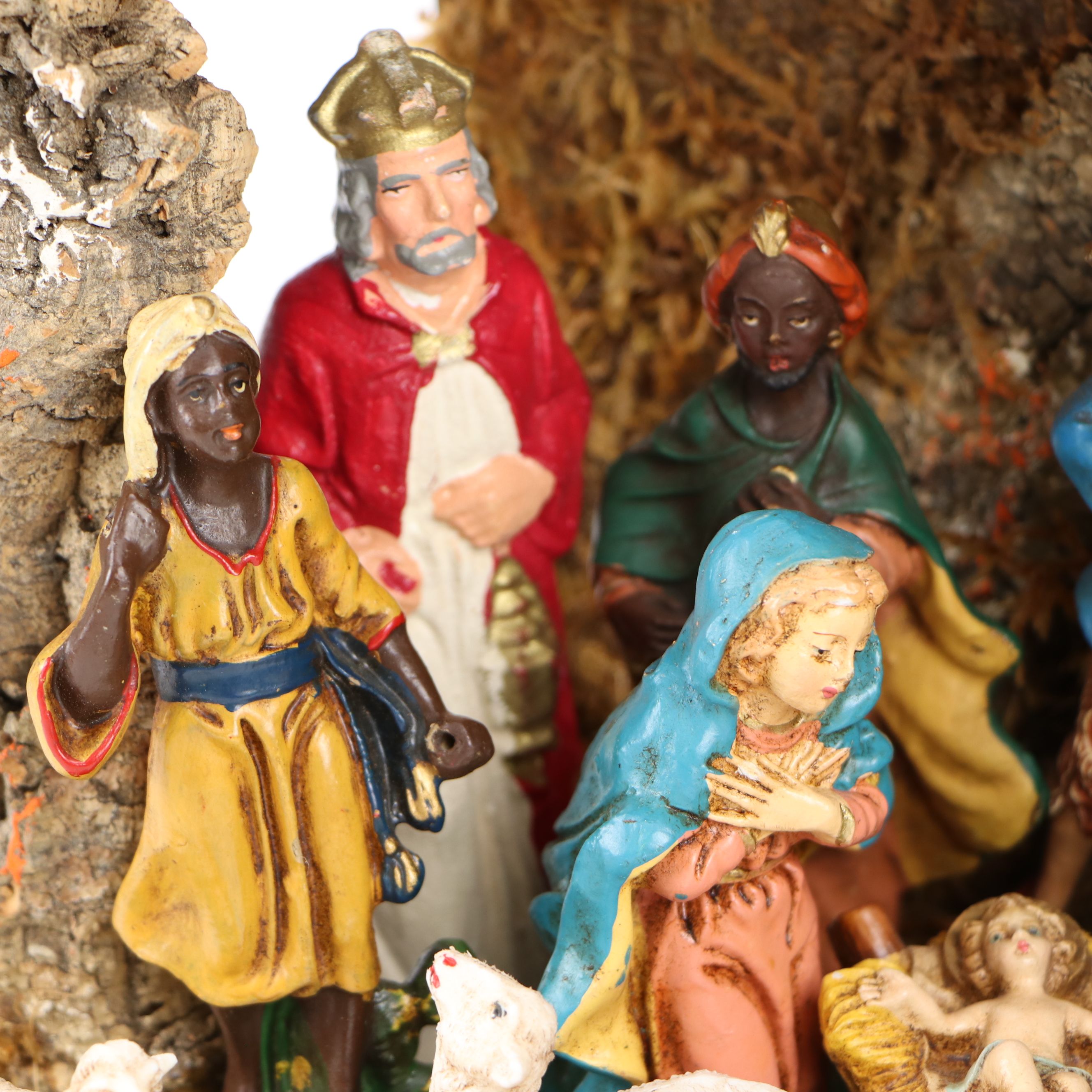 Italian Hand-Painted Creche with Nativity Chalkware Figures