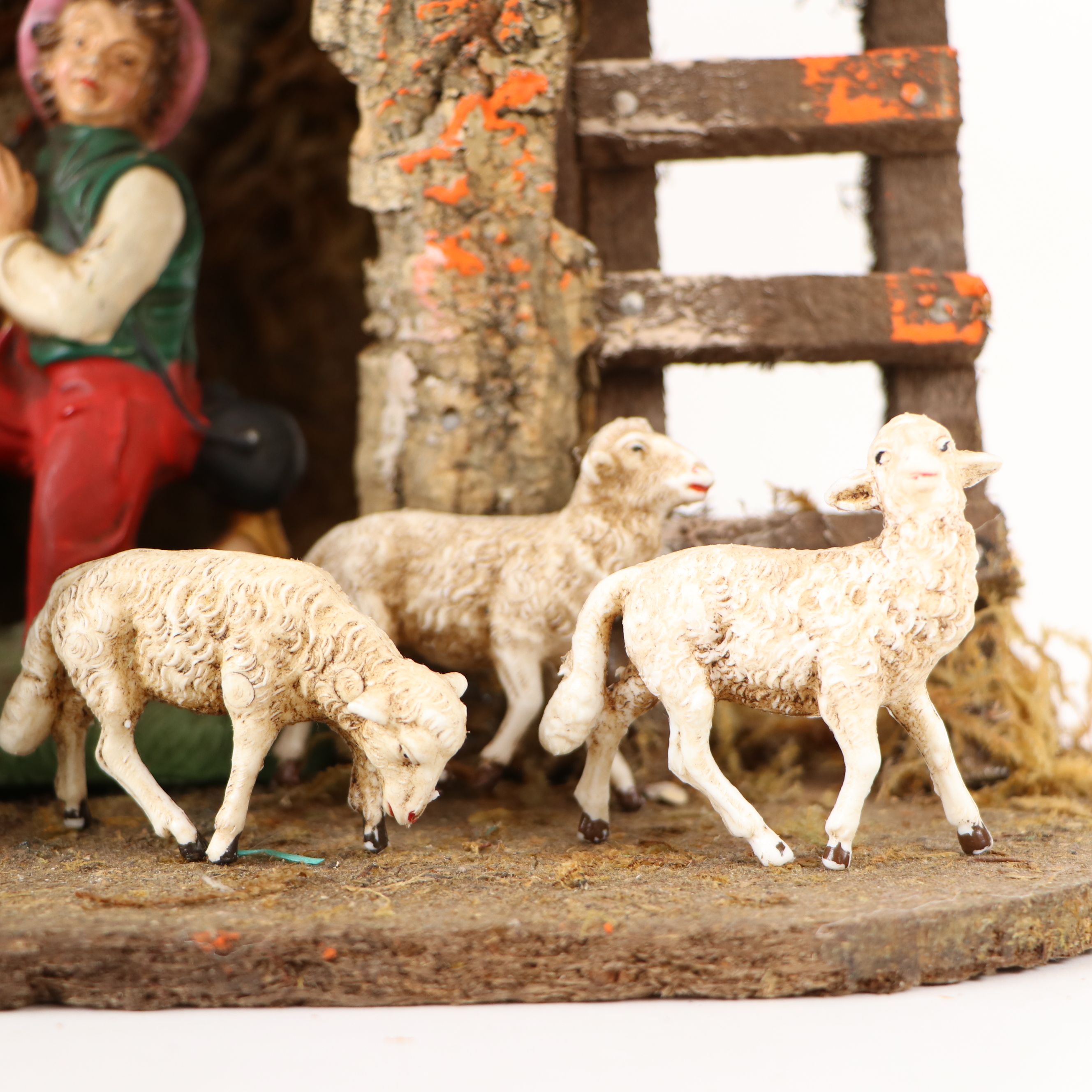 Italian Hand-Painted Creche with Nativity Chalkware Figures
