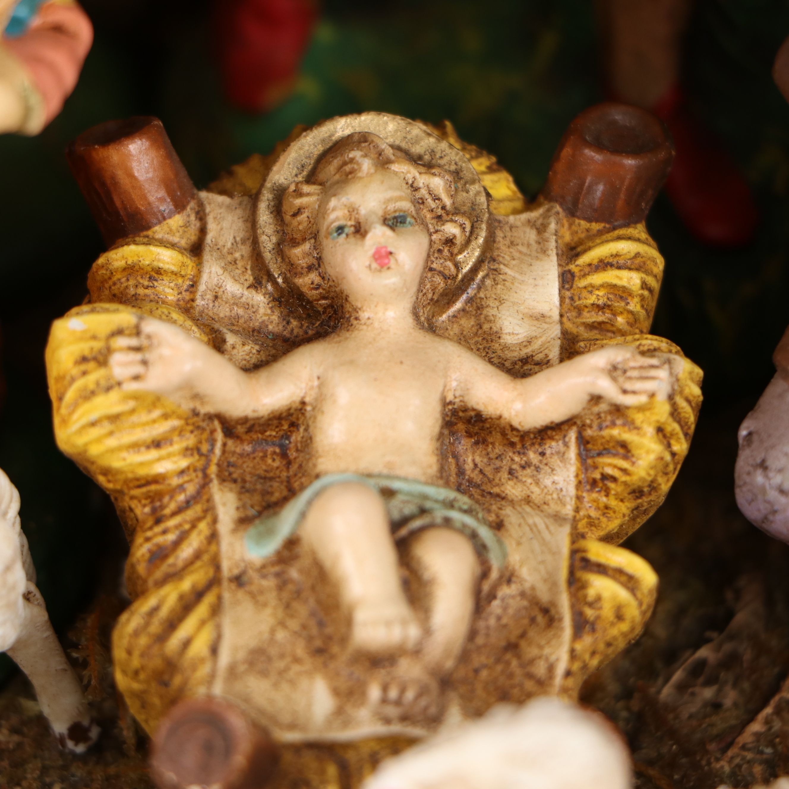 Italian Hand-Painted Creche with Nativity Chalkware Figures