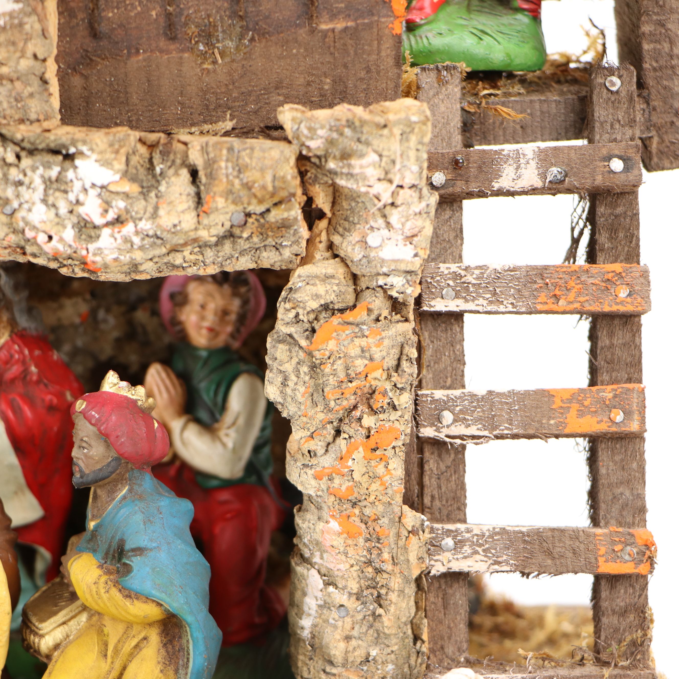 Italian Hand-Painted Creche with Nativity Chalkware Figures