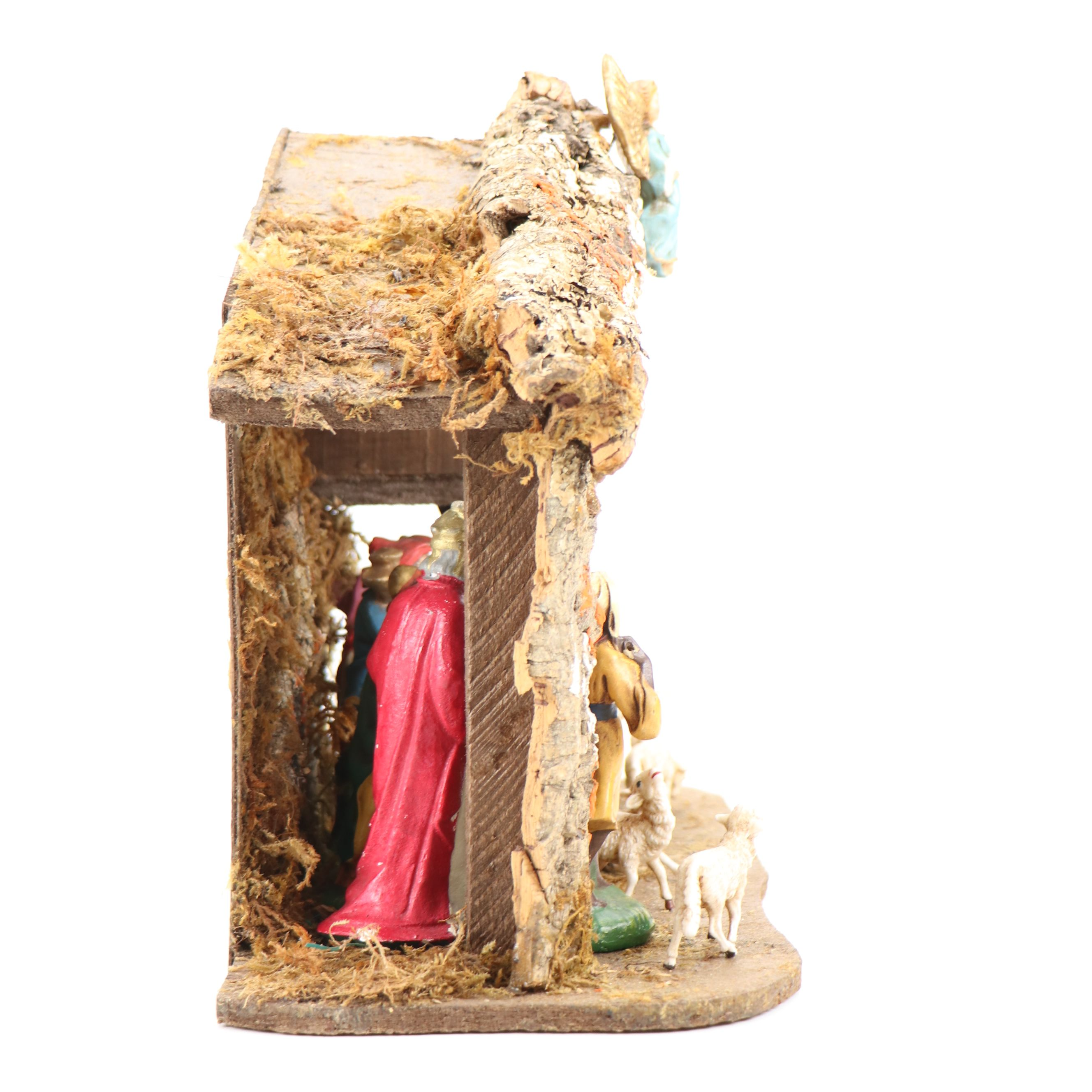 Italian Hand-Painted Creche with Nativity Chalkware Figures