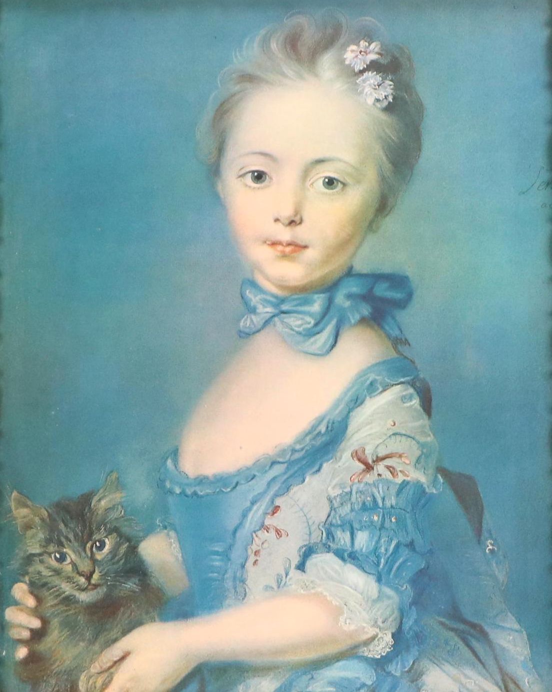 After Jean-Baptiste Perronneau Offset Lithograph "A Girl with a Kitten"