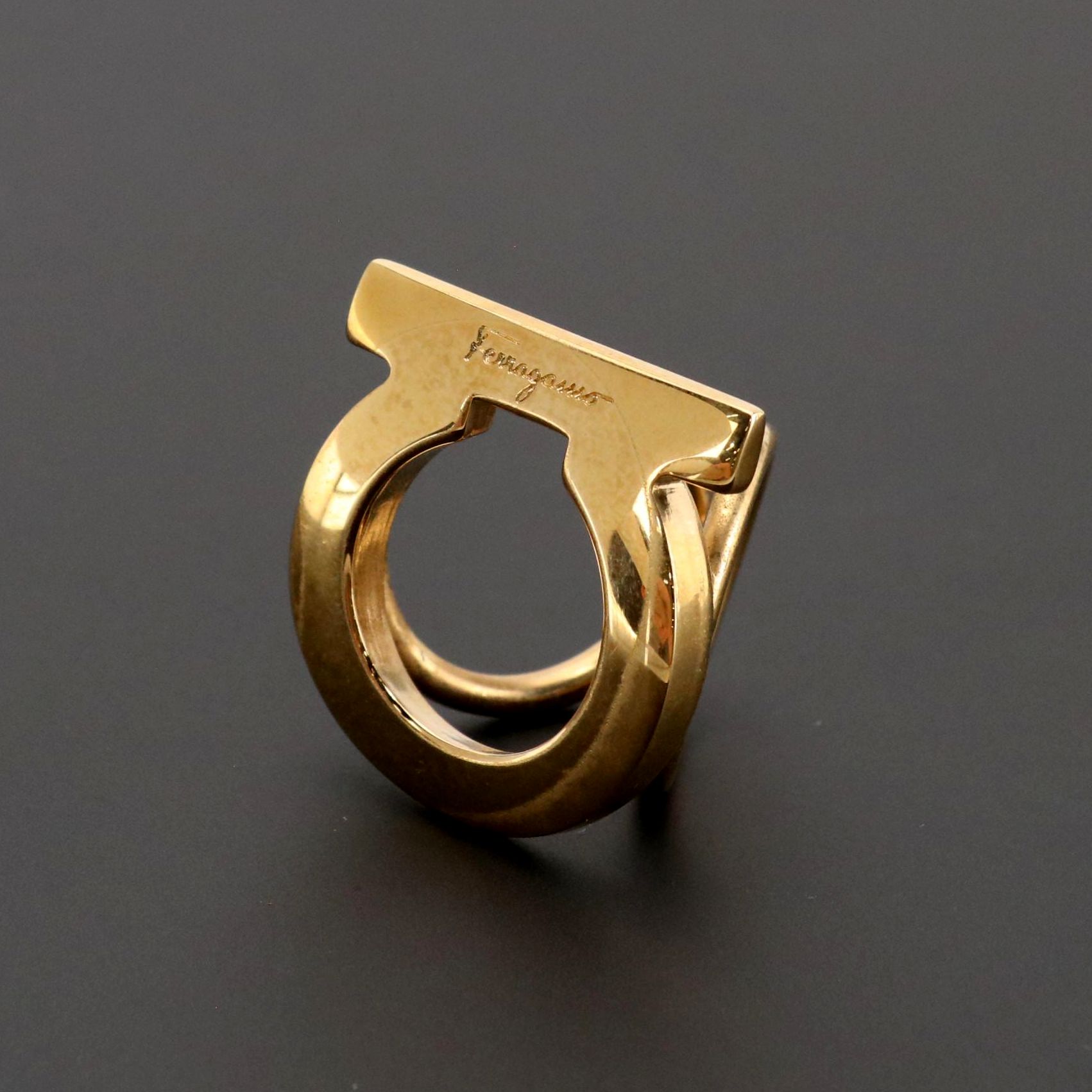 Salvatore Ferragamo Gold Tone Gancini Scarf ring