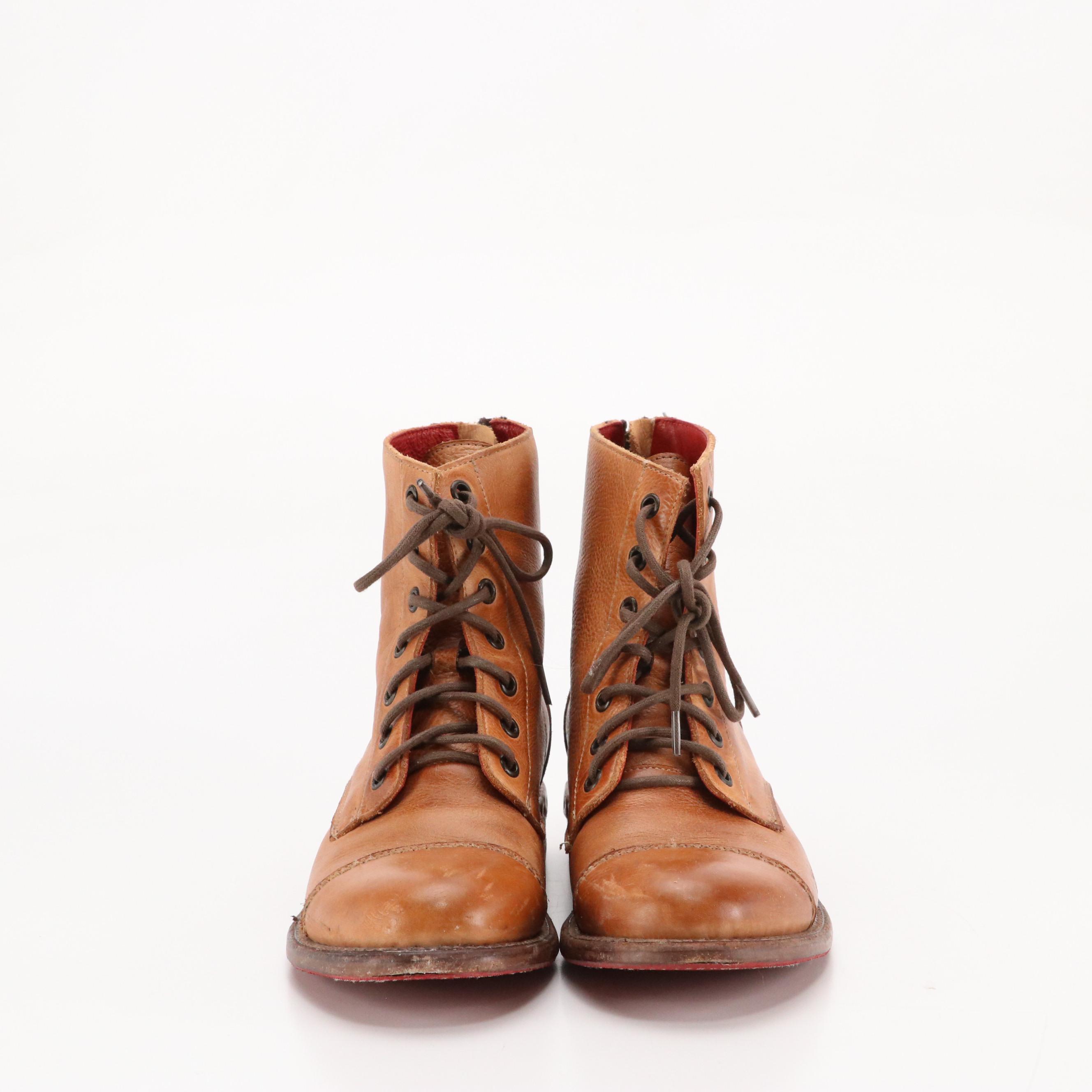 Bed|Stu "Laurel" Combat Boots in Caramel Brown Distressed Leather